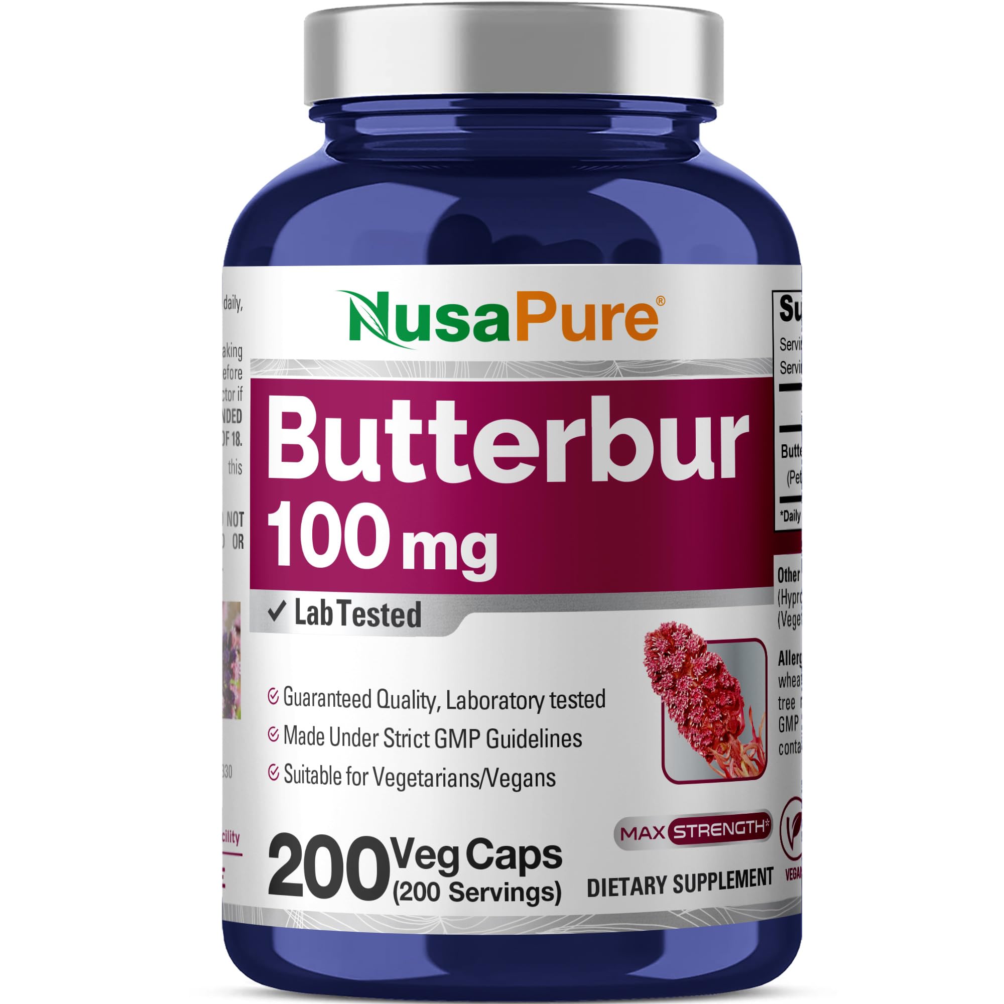 NusaPure Butterbur Extract 100mg per caps 200 Veggie Capsules (Non-GMO, Vegetarian, Vegan) NusaPure uk supplements