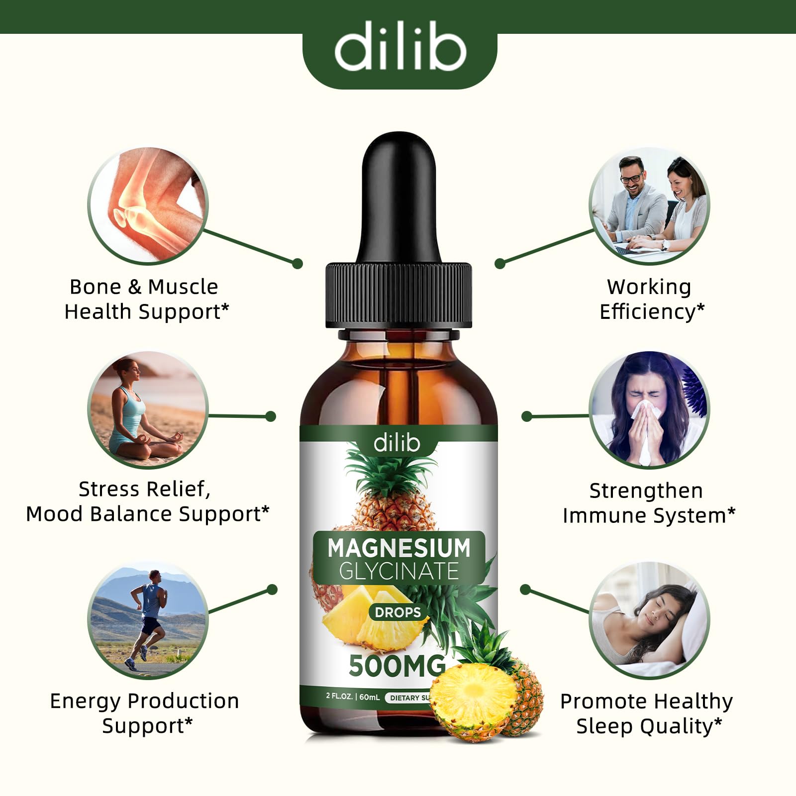 Magnesium Glycinate Supplement, Liquid Magnesium Glycinate Liquid Drops 500mg-Support Stress Relief, Relaxation, Mood, Sleep, Bone & Muscle-2 Fl Oz, Vegan, Pineapple Flavor dilib uk supplements