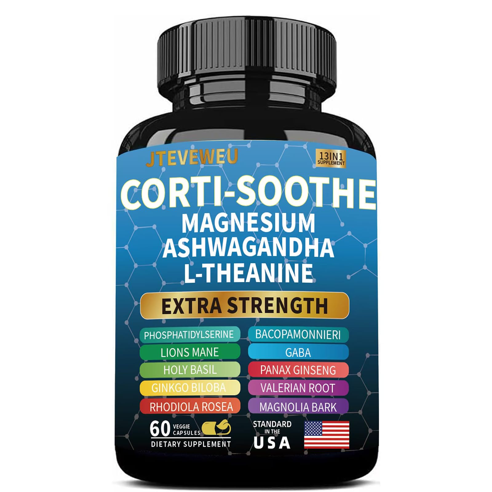Corti-Soothe Cortisol Supplement for Women and Men with Magnesium Glycinate 200mg, L-Theanine 150mg, Phosphatidylserine 50mg & Manager Holy Basil Ginkgo Biloba Bacopa Monnieri Valerian 60 Capsules JTEVEweu uk supplements