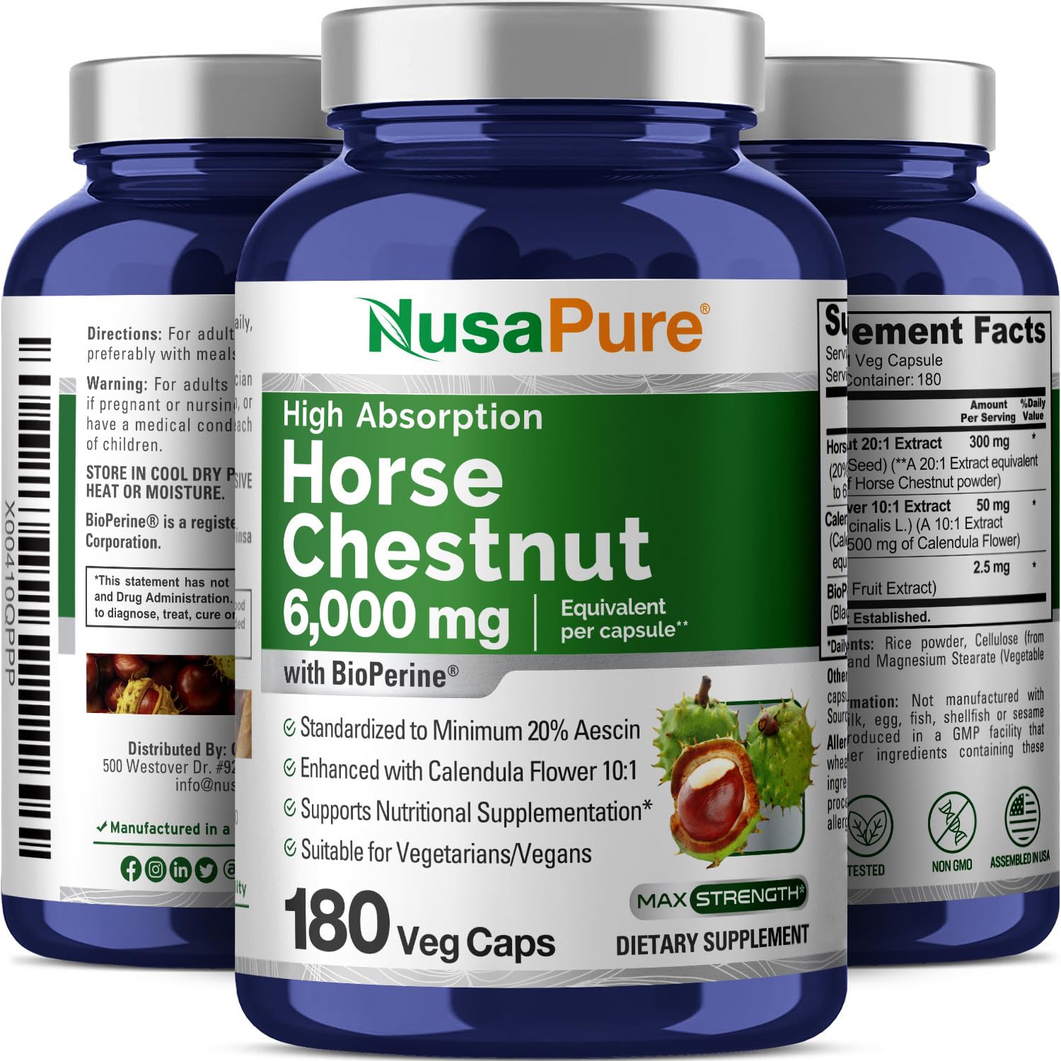 NusaPure Horse Chestnut 20:1 Extract, 300 mg Equivalent to 6,000mg 180 Veggie Caps Non-GMO, Vegan, BioPerine, Calendula Flower NusaPure uk supplements