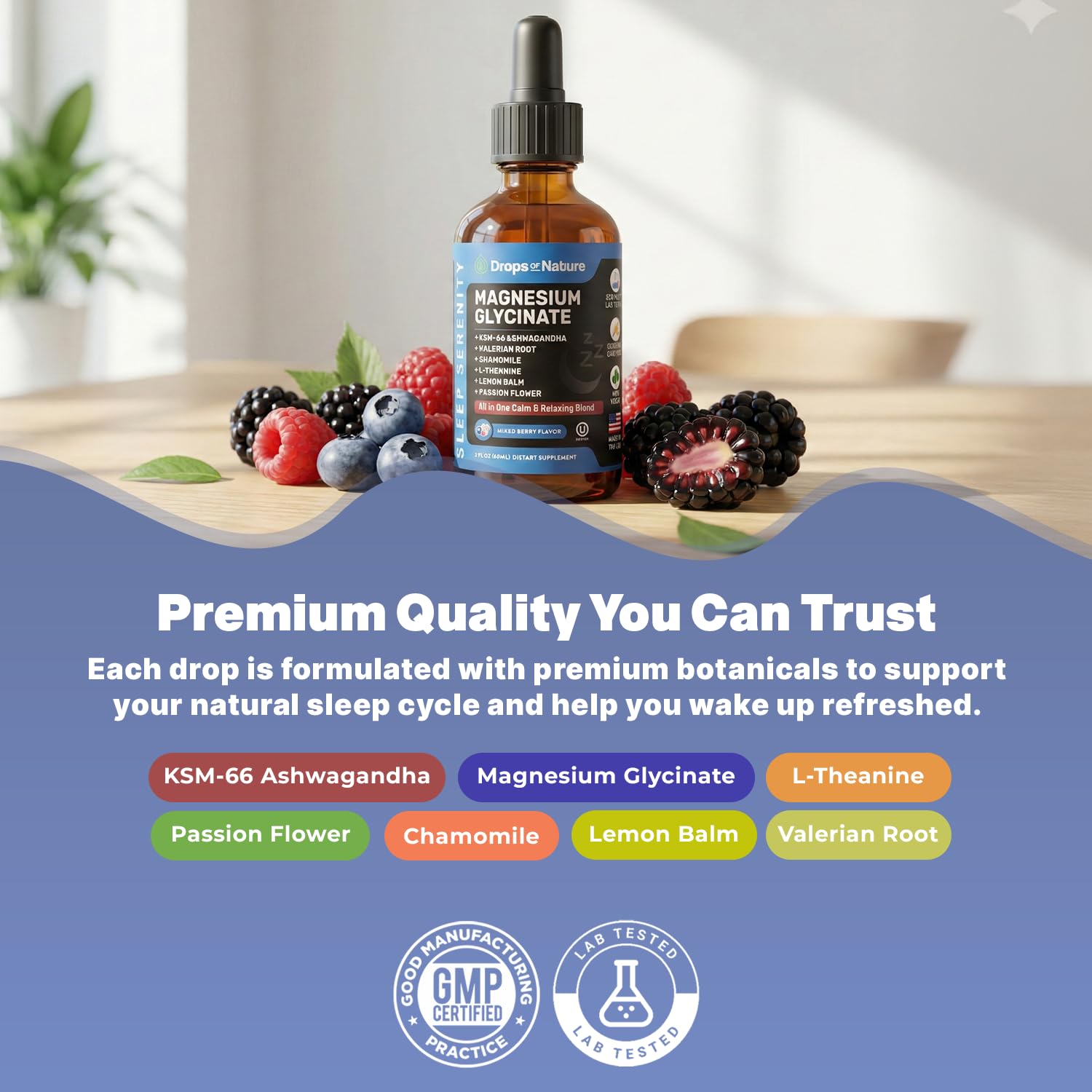 Magnesium Glycinate & Ashwagandha Liquid Drops with Valerian Root, Chamomile, Passion Flower, Lemon Balm & L-Theanine - Vegan Fast Absorption - Supplement for Wellness & Relaxation (Mixed Berry, 60mL) Drops Of Nature uk supplements