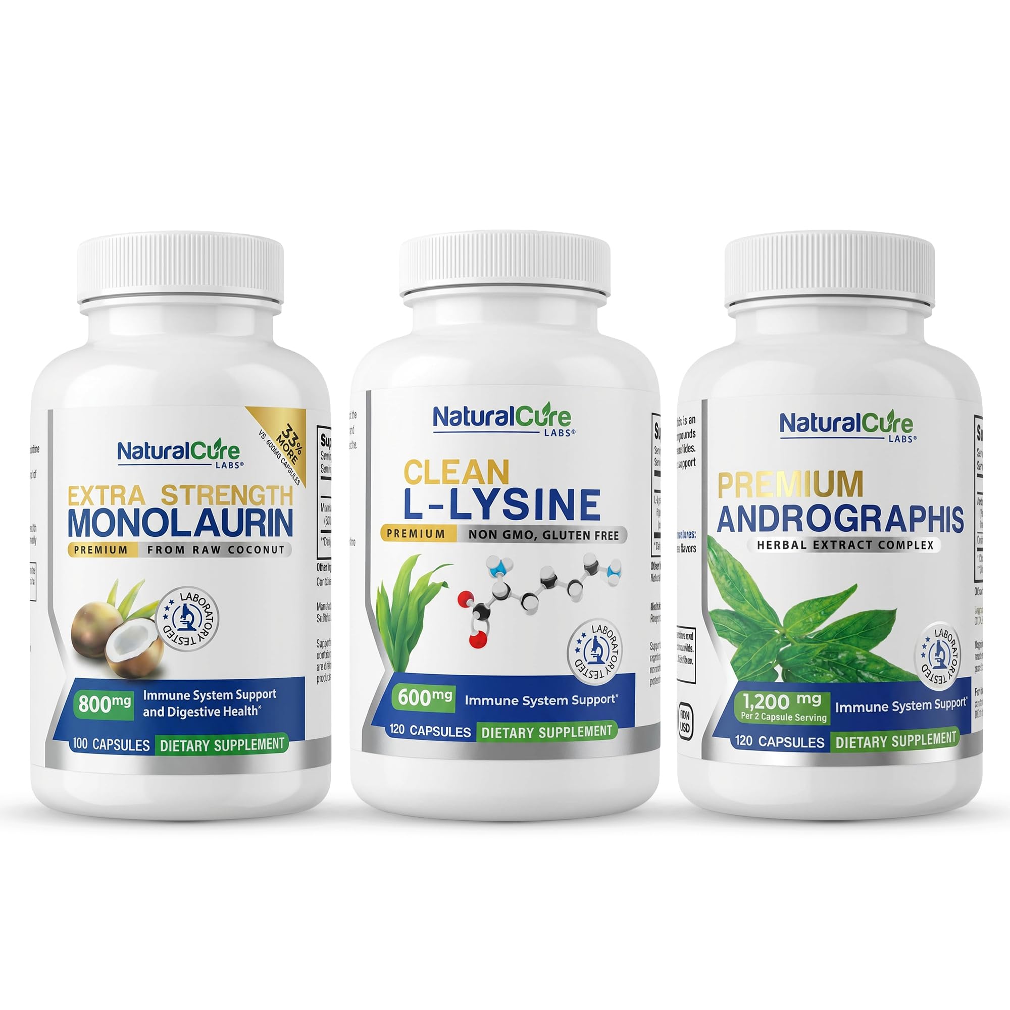 Extra Strength Stack: Monolaurin 800mg + Clean L-Lysine 600mg + Andrographis, Advanced Immune Support Routine Bundle Natural Cure Labs uk supplements