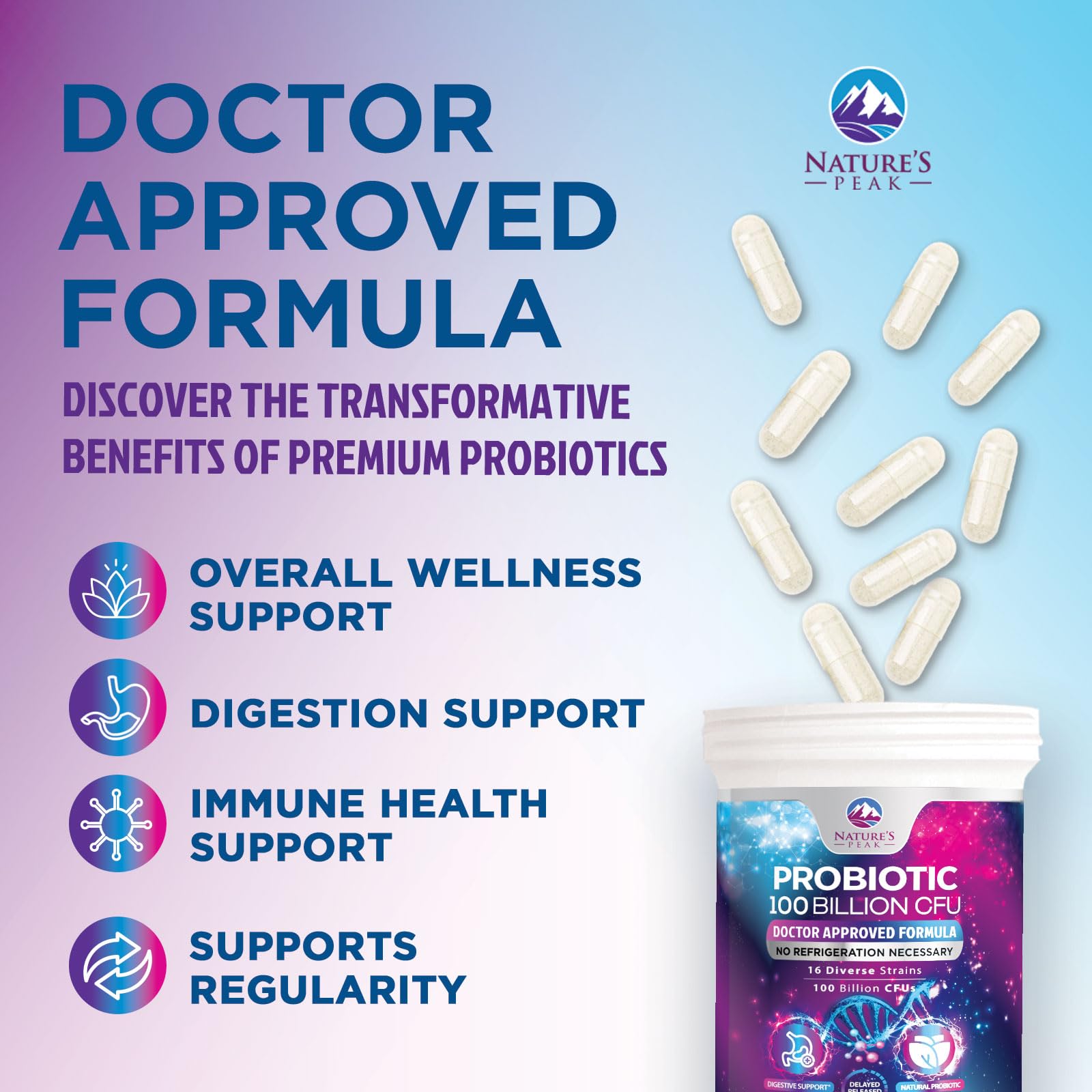 Probiotics 100 Billion CFU - 16 Premium Strains + Prebiotics - Best Probiotics for Women & Men - Supports Immune, Digestive & Gut Health, Supports Occasional Constipation, Gas & Bloating - 30 Capsules Nature's Peak uk supplements