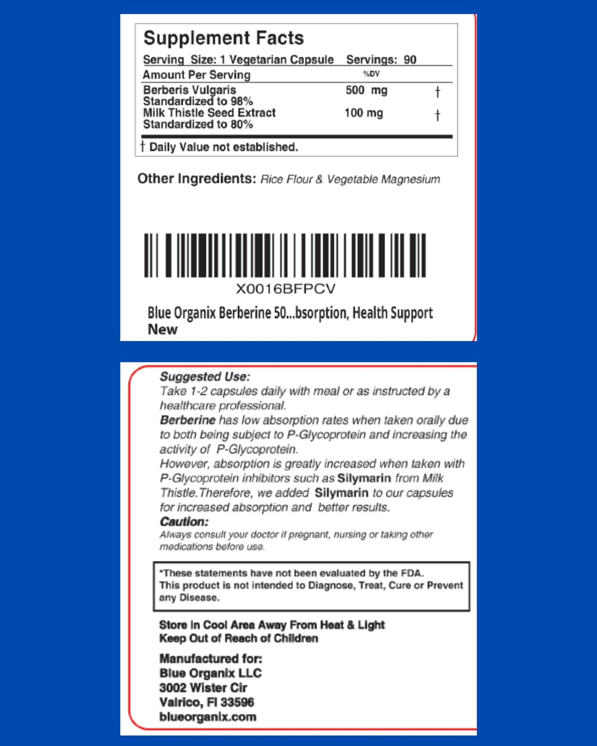 Blue Organix Berberine 500mg Formula HCL Complex Supplement with Silymarin Blue Organix uk supplements