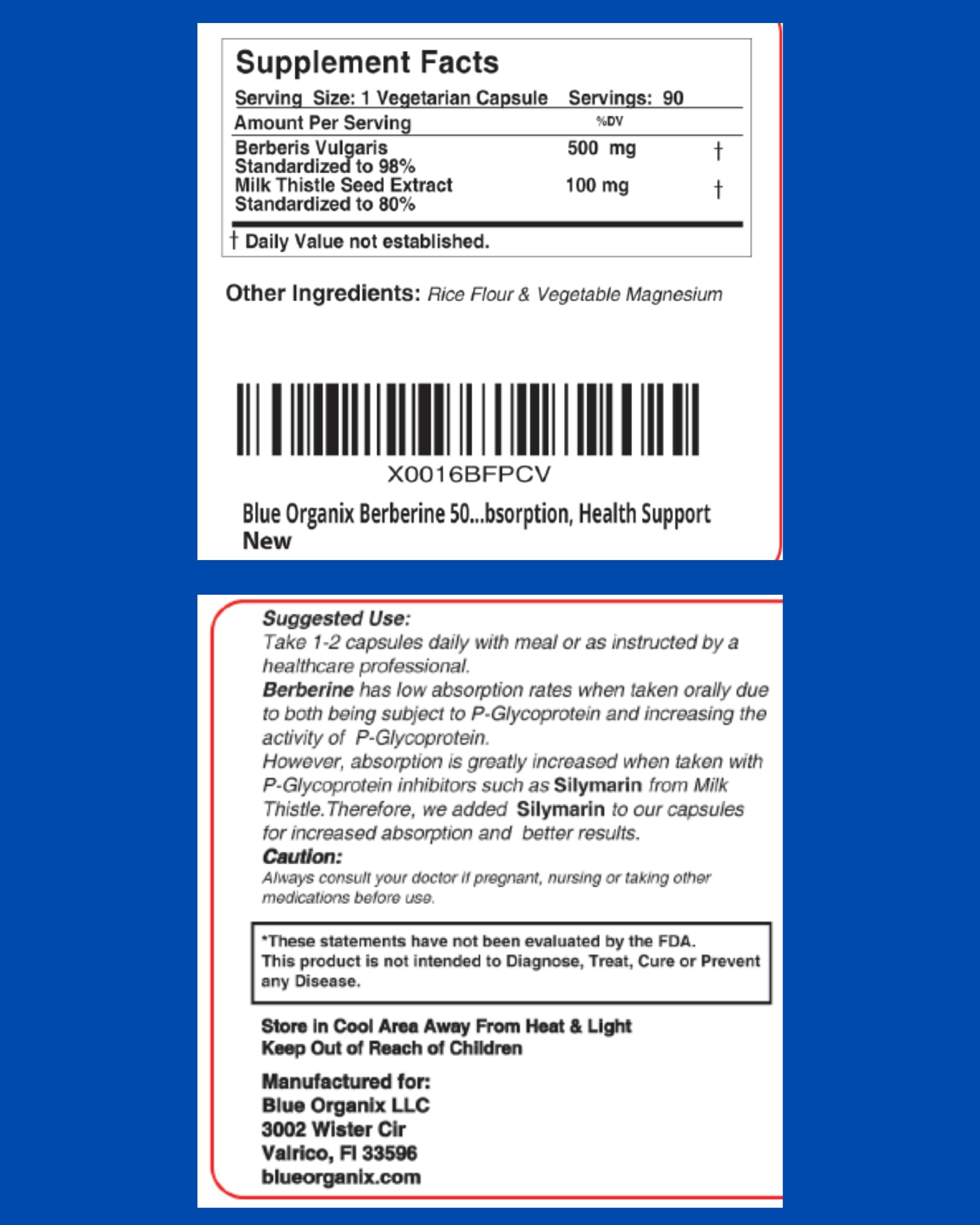 Blue Organix Berberine 500mg Formula HCL Complex Supplement with Silymarin Blue Organix uk supplements