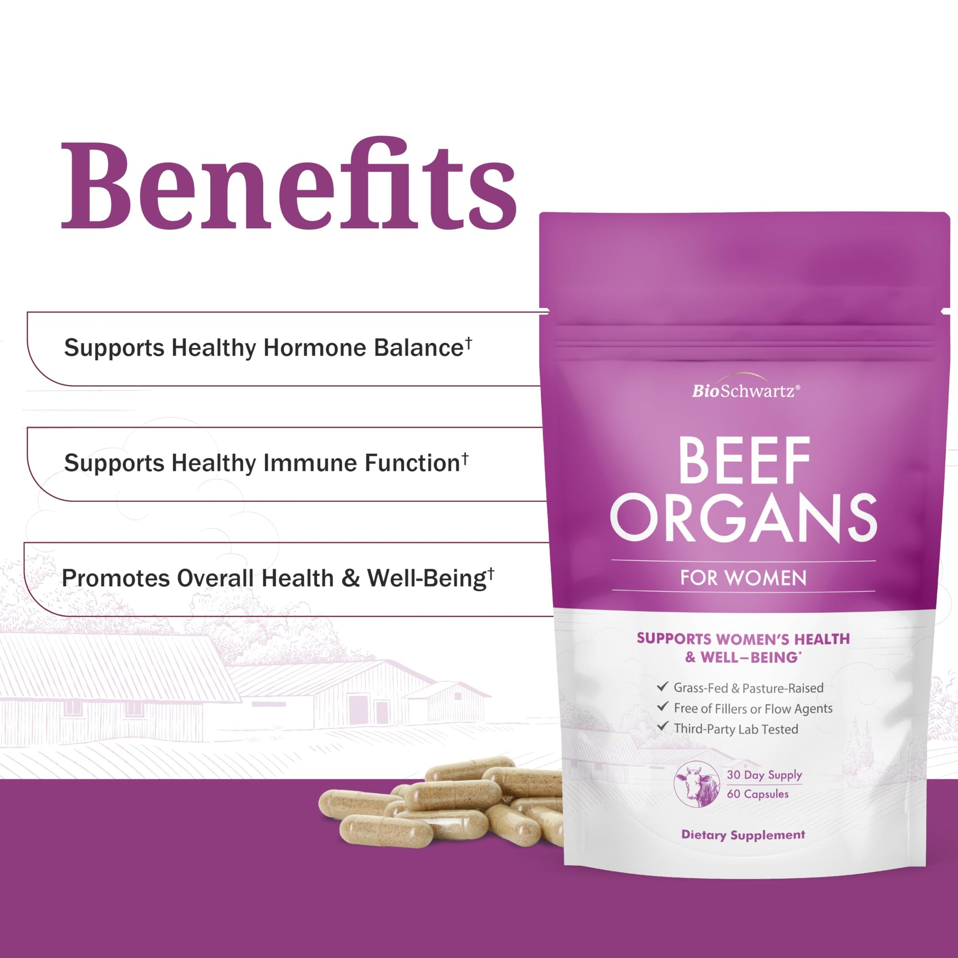 BioSchwartz Primal Beef Organ Supplement for Women - 60 Capsules - Grass-Fed & Pasture-Raised - Supports Healthy Hair Skin and Nails, Hormone Balance - with Bovine Liver, Kidney, Heart, Uterus Powder BioSchwartz uk supplements
