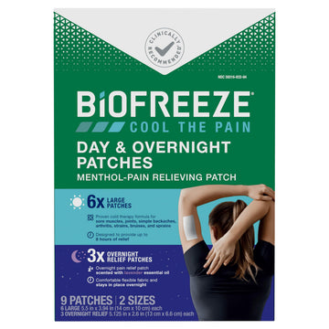 Biofreeze Day & Overnight Pain Relief Patches, Menthol Pain Patches for Arthritis & Muscle Pain Relief, Comfortable & Flexible Fabric Stays in Place, 9 Patches (6 Day, 3 Night) Biofreeze uk supplements