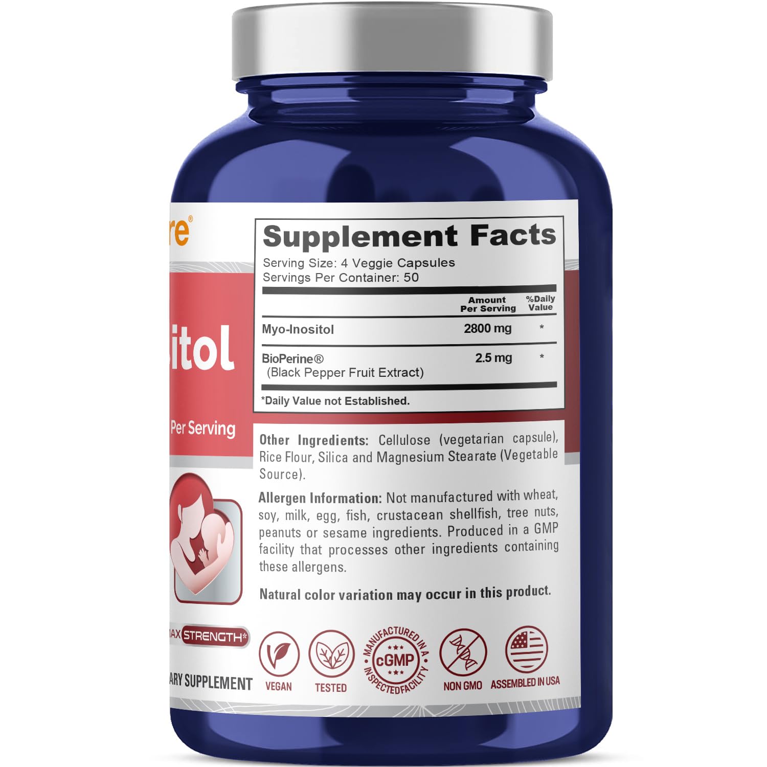 NusaPure Myo-Inositol - Suitable for Vegetarian/Vegan, Non - GMO - 2800mg, 200 Capsules NusaPure uk supplements