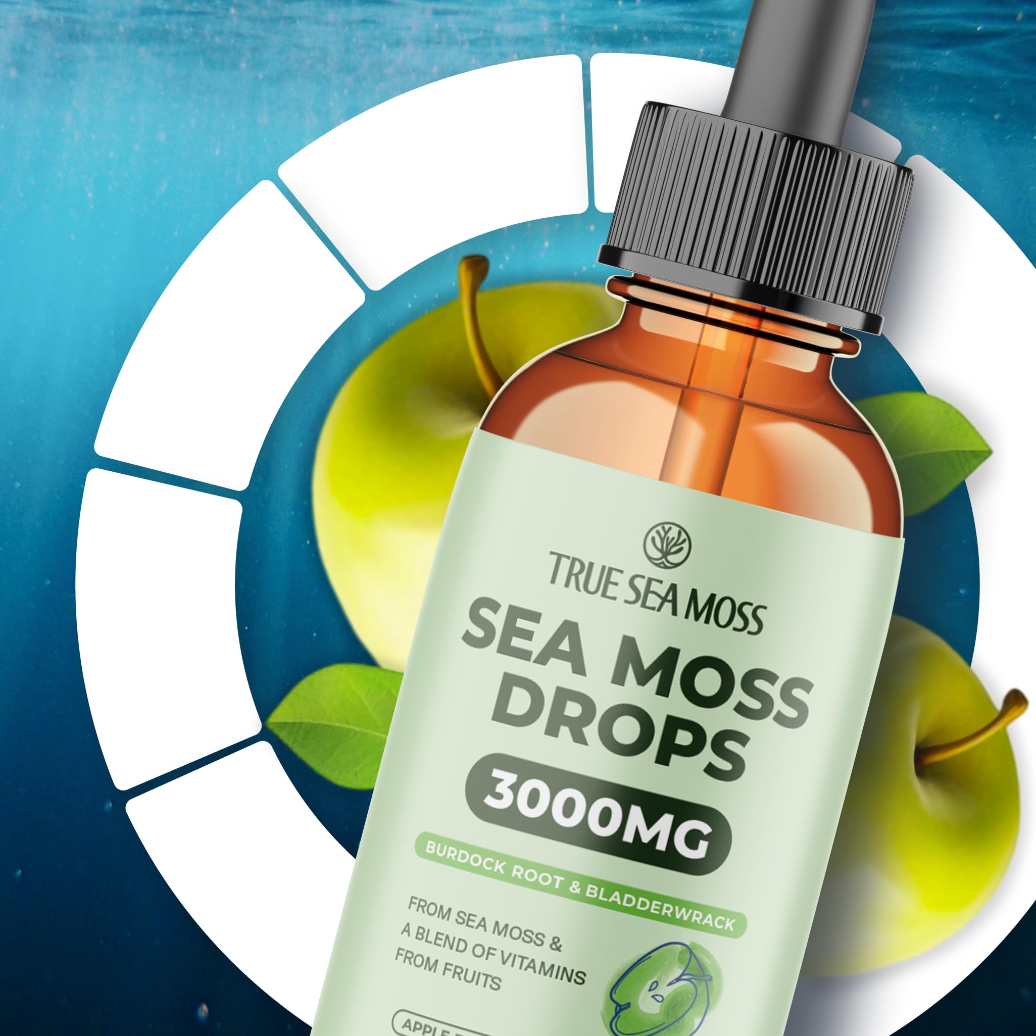 Irish Sea Moss Liquid Drops - 3000mg Formula - with Bladderwrack, Burdock Root & Black Cumin Seed - Liquid Supplement - Apple Flavor - 2 Fl Oz (60ml) TrueSeaMoss uk supplements