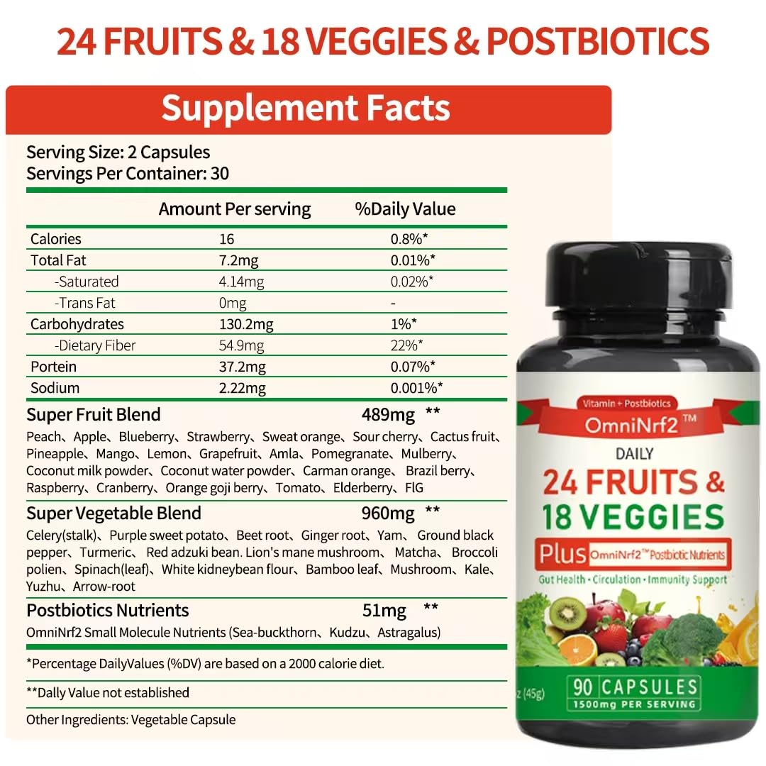 OmniNrf2 Postbiotic Supplement Capsules for Gut Health, Superfood with 24 Fruits & 18 Veggies & Fermented Herbal Plants, 90 Capsules for Antioxidant Support OmniNrf2 uk supplements