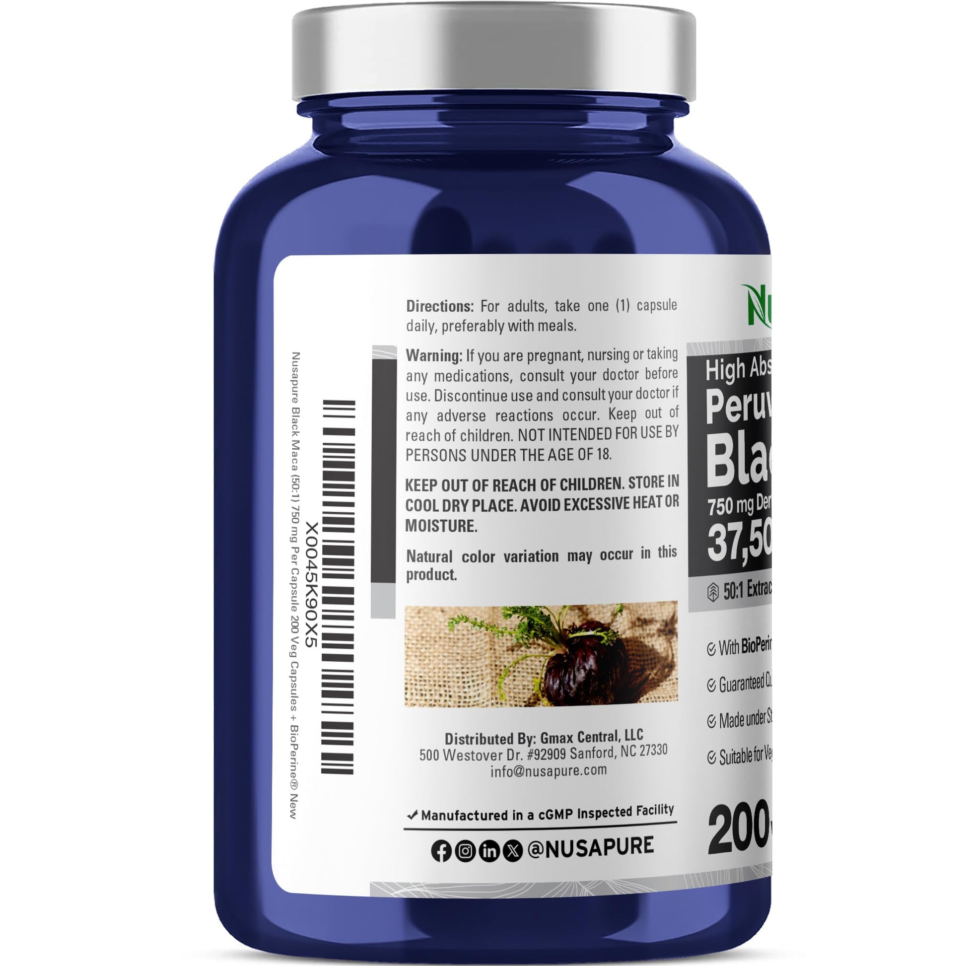 NusaPure Peruvian Black Maca Root Extract 50:1 - Suitable for Vegetarian/Vegan, Non - GMO - 37500 mg - 200 Capsules NusaPure uk supplements