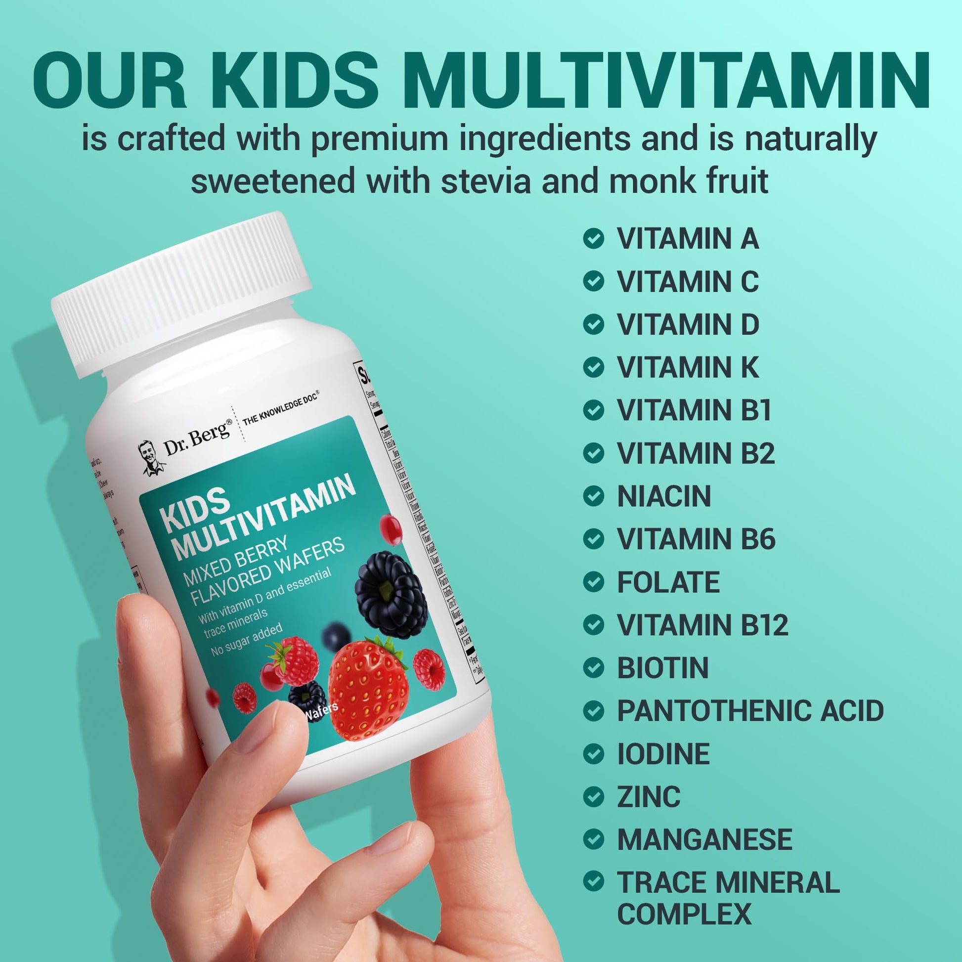 Dr. Berg Kids Chewable Multivitamins (NOT Sweetened w/Sugar) - Daily Multivitamin for Kids that Includes 20 Nutrients & Trace Mineral Complex - Mixed Berry Chewable Vitamins for Kid - Red Wafers Dr. Berg Nutritionals uk supplements