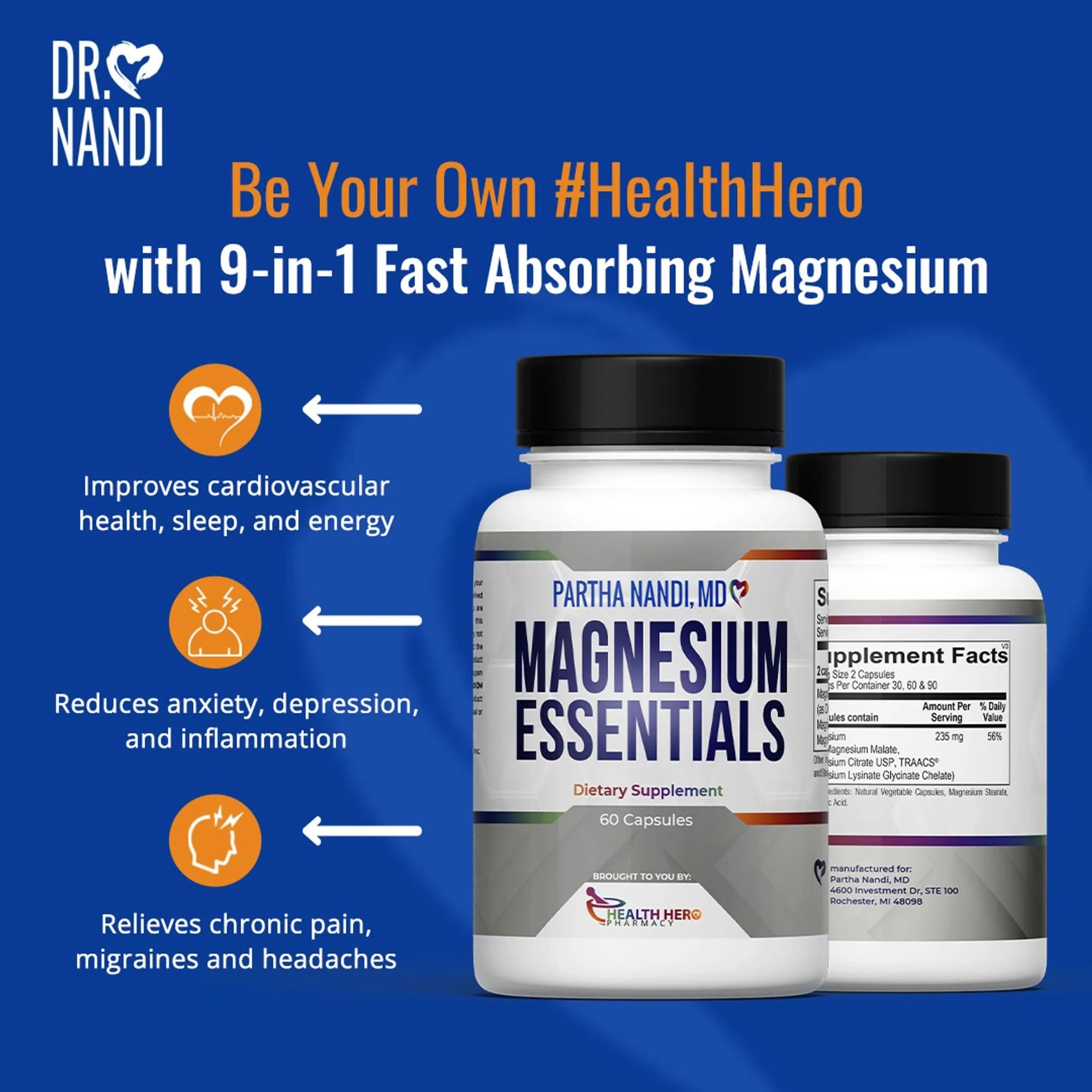 Triple Magnesium Citrate, Malate & Glycinate Complex Supplement – Supports Sleep, Stress, Muscle, Nerve & Heart Health – Advanced High-Absorption Formula – 235mg – 60 Capsules Partha Nandi, MD uk supplements