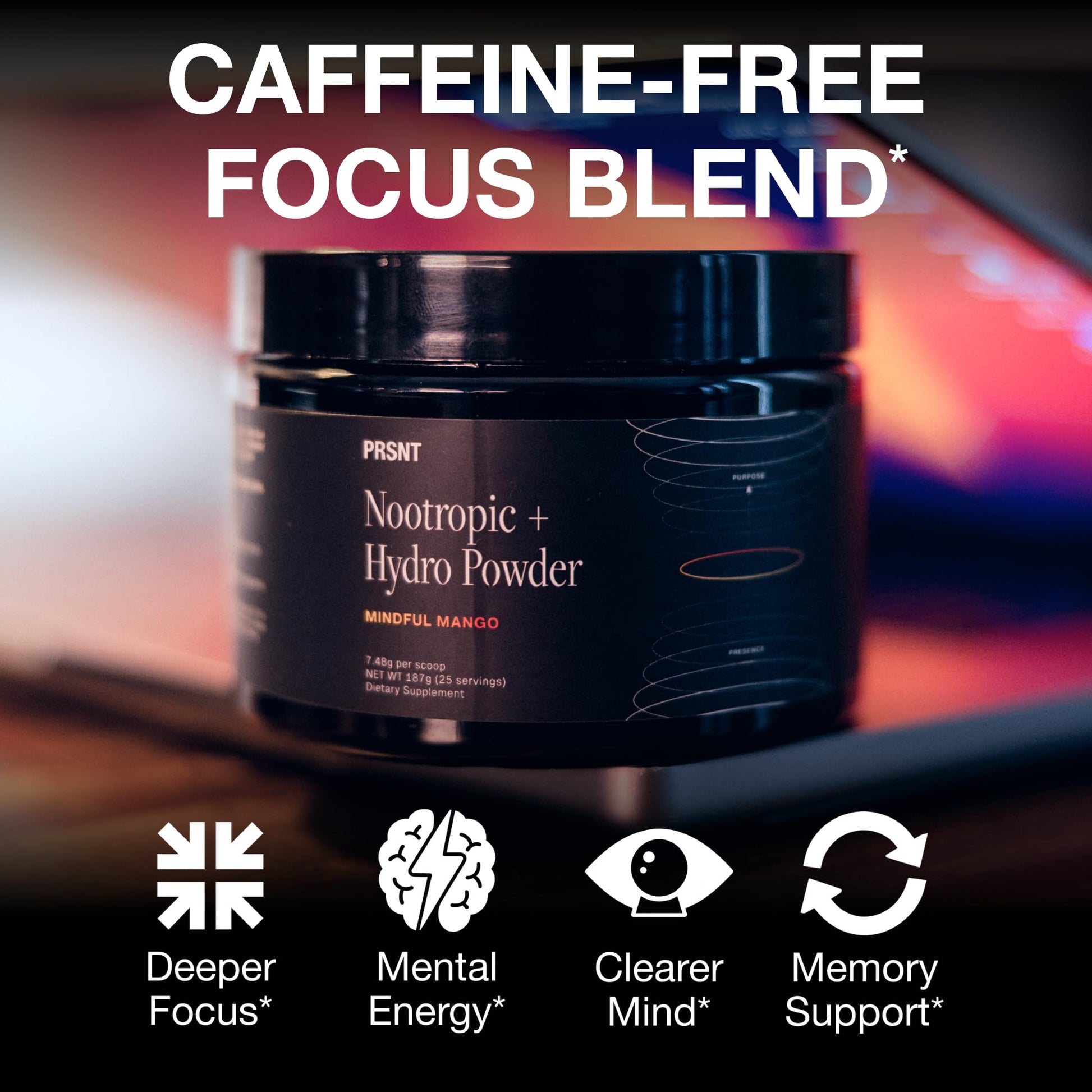 PRSNT Nootropic Focus Powder | Mango 25 Servings | Caffeine-Free, Sugar-Free | Supports Focus, Energy, Mental Clarity | Nootropic + Electrolytes Hydration Focus Drink Mix PRSNT uk supplements