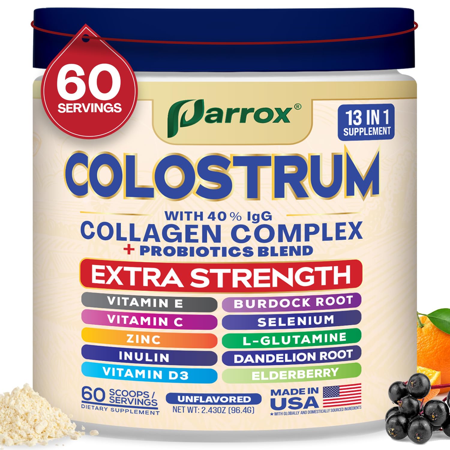 Parrox Colostrum Powder with 40% IgG, Collagen, Probiotics, Burdock Root, L-Glutamine, Elderberry, Vitamin C, Vitamin E, Vitamin D3, Inulin, Selenium, Dandelion Root, Zinc, 60 Servings (Unflavored) Parrox uk supplements