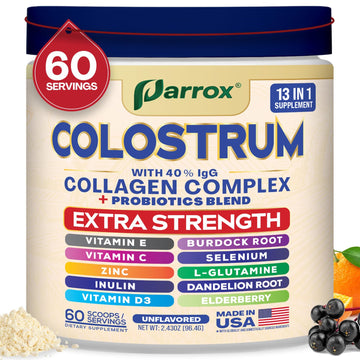 Parrox Colostrum Powder with 40% IgG, Collagen, Probiotics, Burdock Root, L-Glutamine, Elderberry, Vitamin C, Vitamin E, Vitamin D3, Inulin, Selenium, Dandelion Root, Zinc, 60 Servings (Unflavored) Parrox uk supplements