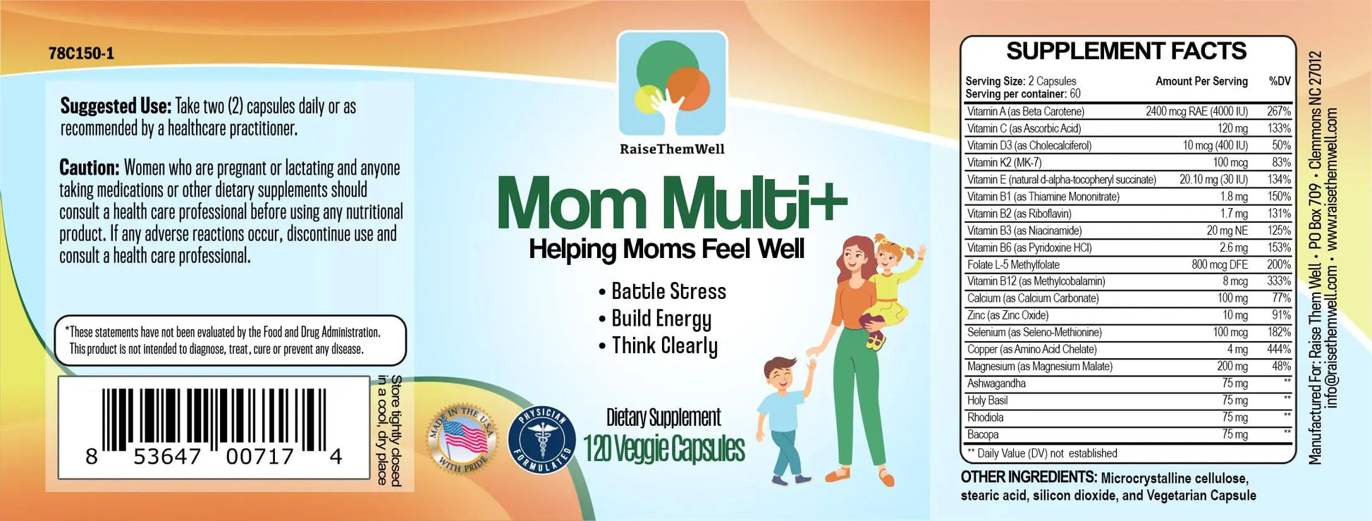 Raise Them Well Mom Multi+ Daily Multivitamin for Women with Active Folate, Adaptogens & Bacopa, Energy, Stress & Cognitive Support, 120 Veggie Capsules Raise Them Well uk supplements