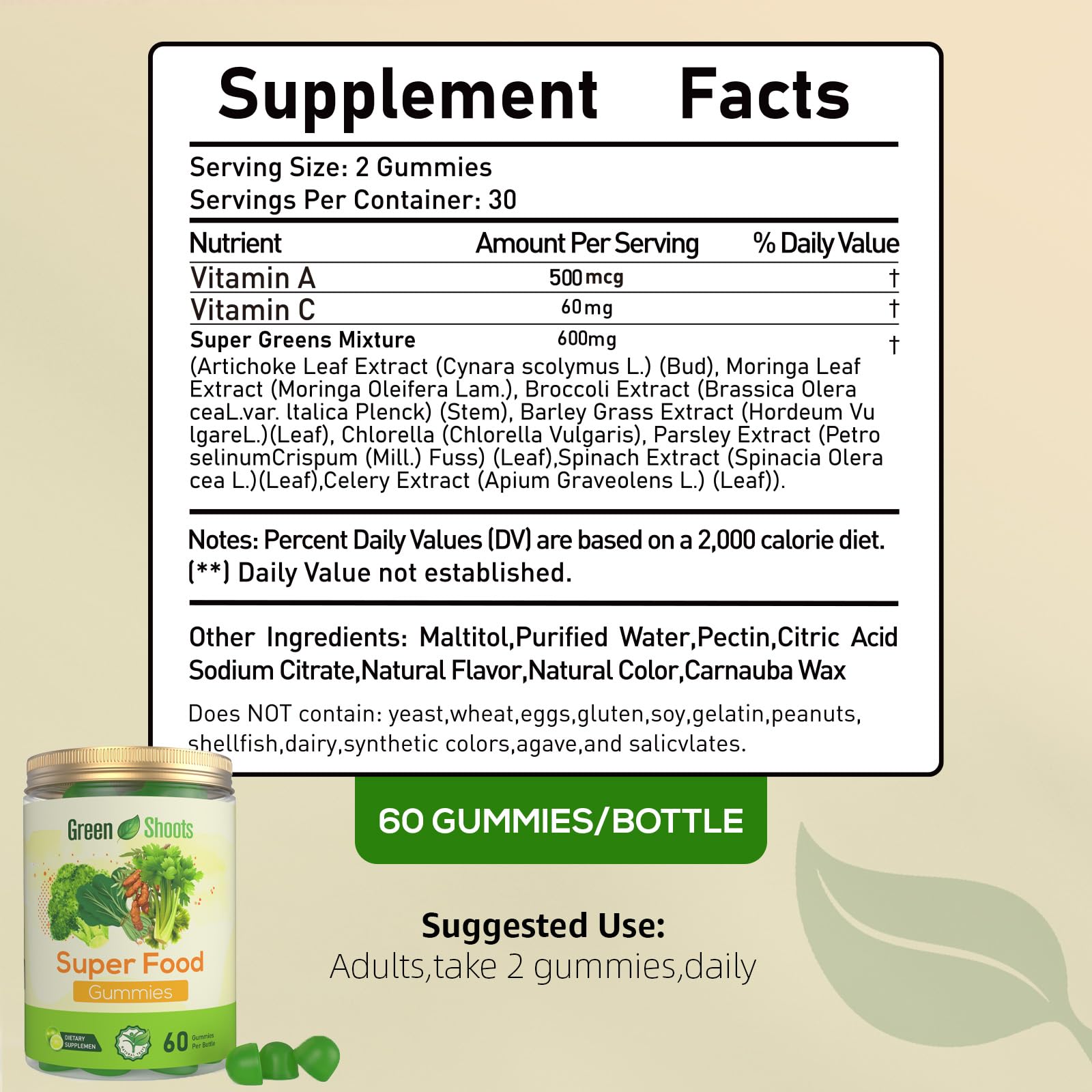 Greenshoots Super Food Gummies with Super Greens Blend, Vitamin A & C – Broccoli, Spinach, Moringa & Chlorella – Vegan, Sugar Free, Daily Nutrition Support, 60 Gummies Greenshoots uk supplements