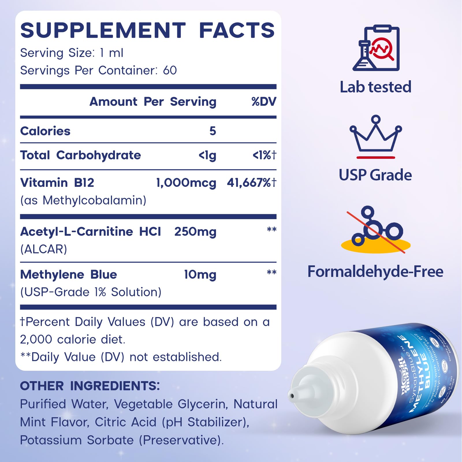 Methylene Blue Drops for Humans, 1% USP Grade – Dropper-Free No-Touch Bottle, Brain Supplement for Memory and Focus – Fast-Acting Nootropic with Methyl B12 & ALCAR – Caffeine-Free, Mint Flavor, 2oz YLVARIN THORIA uk supplements