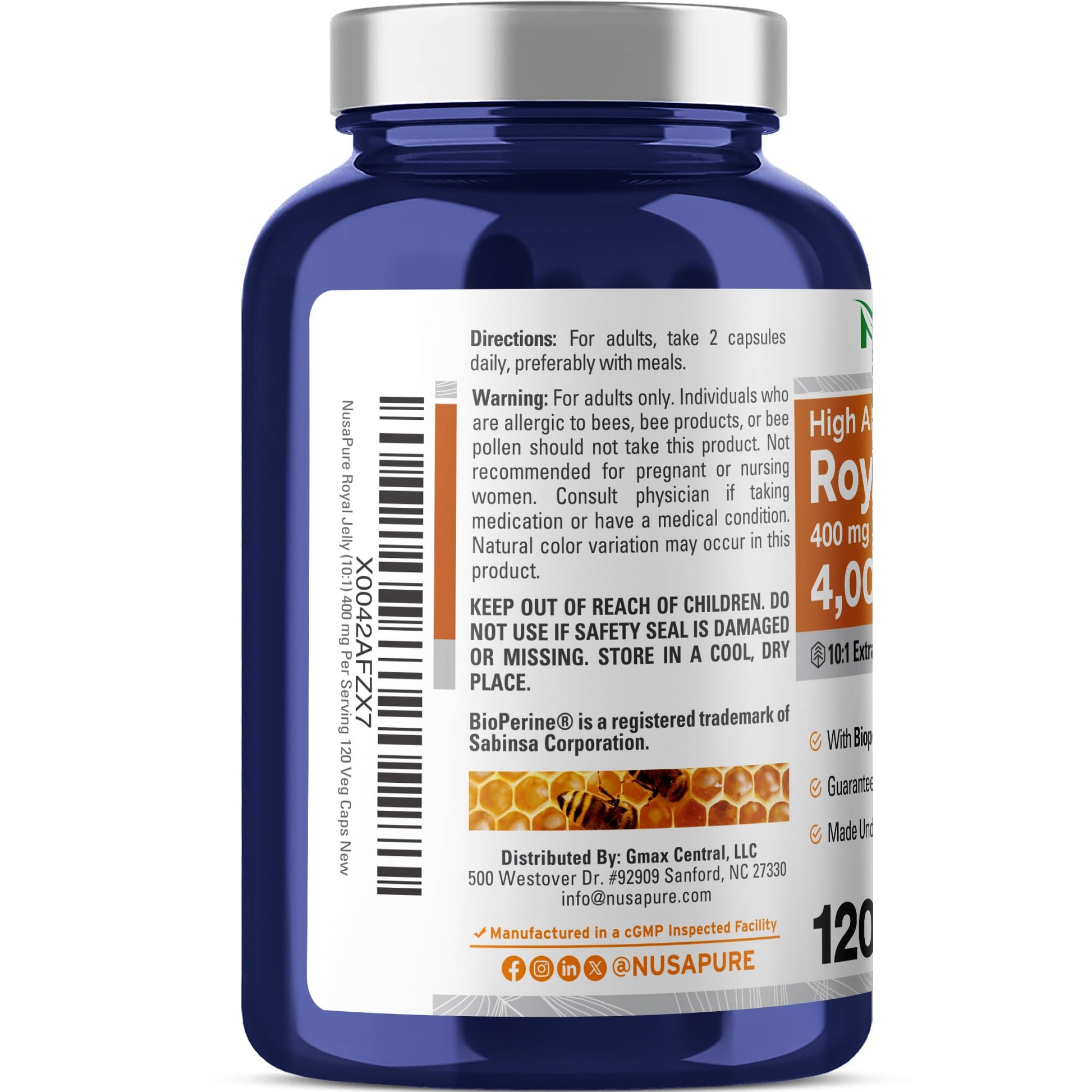 NusaPure Royal Jelly 10:1 Extract, 400 mg Equivalent to 4000mg - 120 Veggie Capsules (Non-GMO, Dairy Free, Dietary Supplement) NusaPure uk supplements