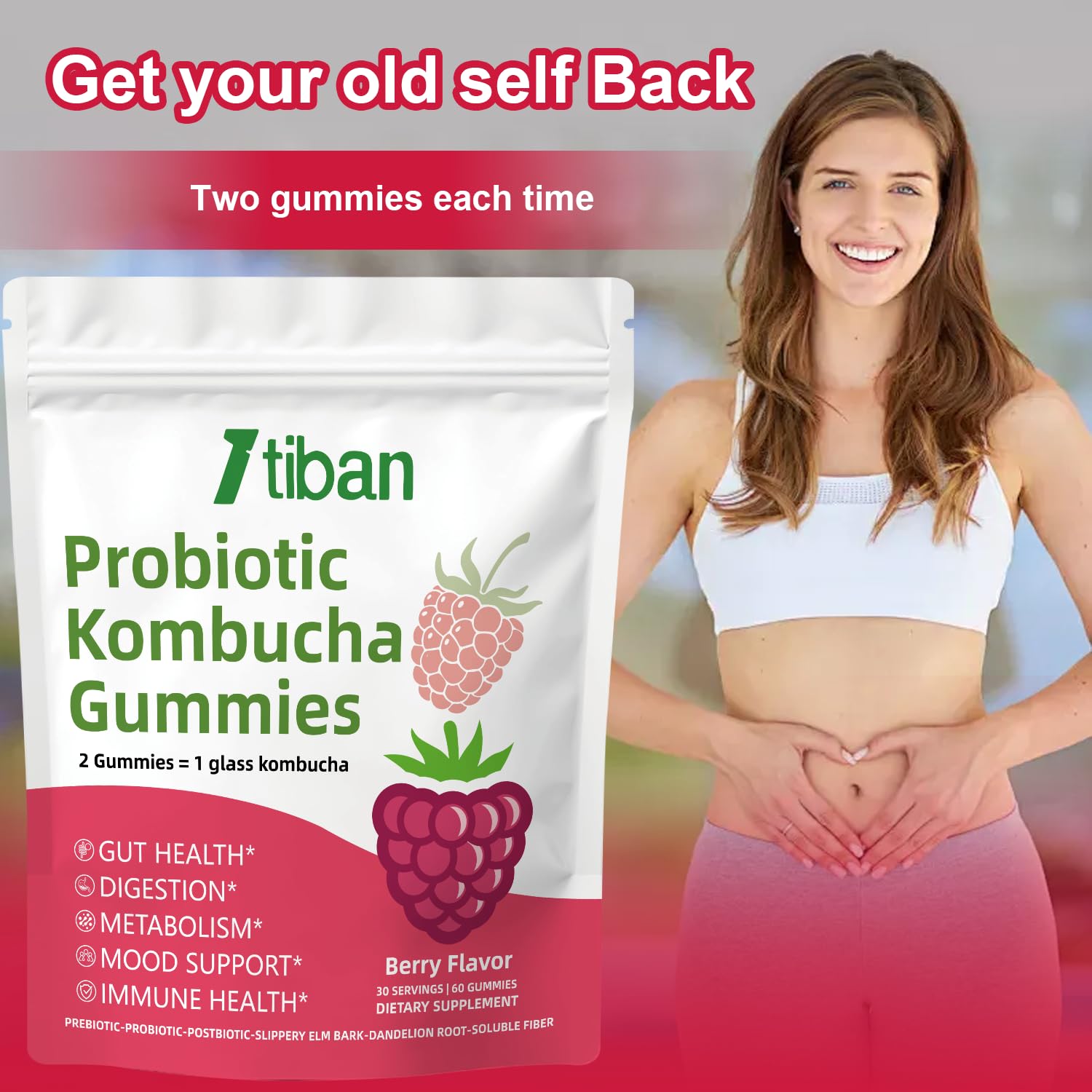 Itiban Probiotic Kombucha Gummy - Prebiotics, Probiotics, Postbiotics, Fiber Supplement, Slippery Elm for Bloating, Gut Health, Women and Men, 60ct Itiban uk supplements