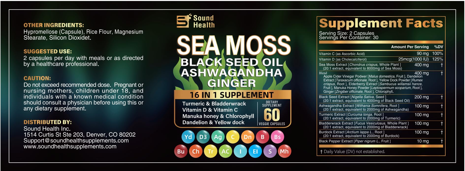 Sea Moss Capsules with Ashwagandha, Turmeric, Bladderwrack, Vitamins C & D for Natural Energy, Sleep Support & Hair Growth, 1200mg Herbal Blend, for Man & Women, Third-Party Tested，16-in-1 Supplement SoundHealth uk supplements