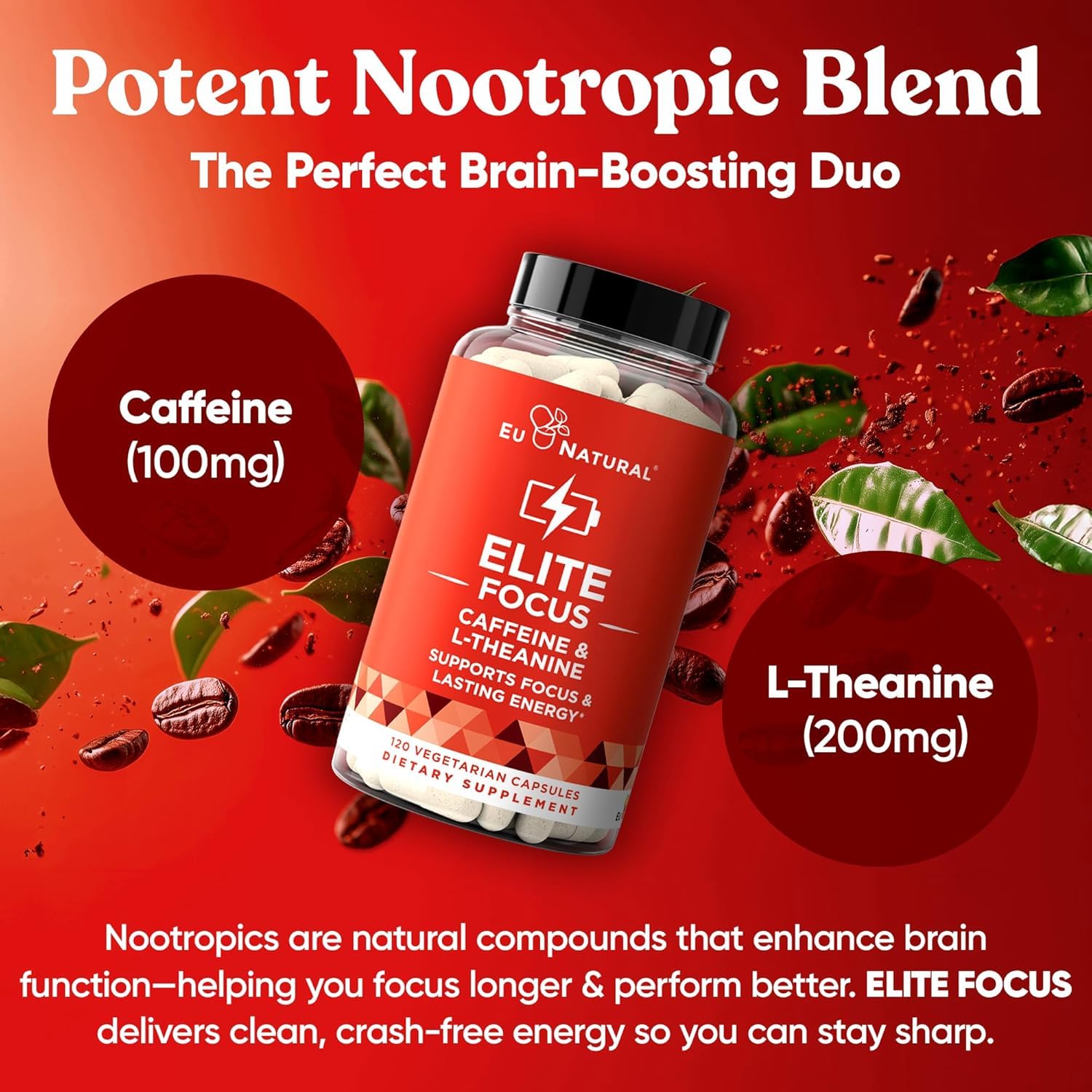 Eu Natural Elite Caffeine Pills with L-Theanine - 100mg Caffeine + 200mg L-Theanine - Jitter-Free Focused Energy & Clean Nootropic Stack - 240 Soft Capsules Eu Natural uk supplements