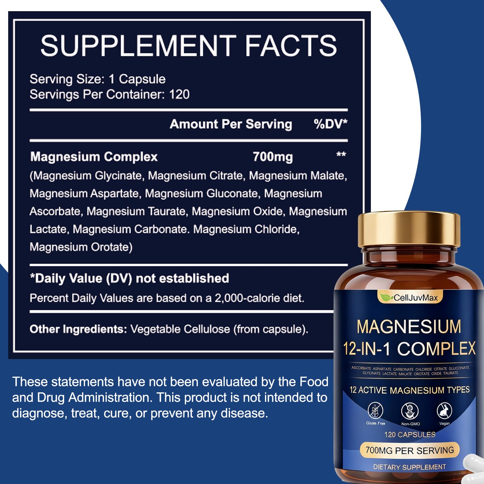Magnesium 12-in-1 Complex 700mg, with Glycinate & Citrate, Vegan Supplement for Daily Wellness, 120 Capsules (1) WOJJ uk supplements