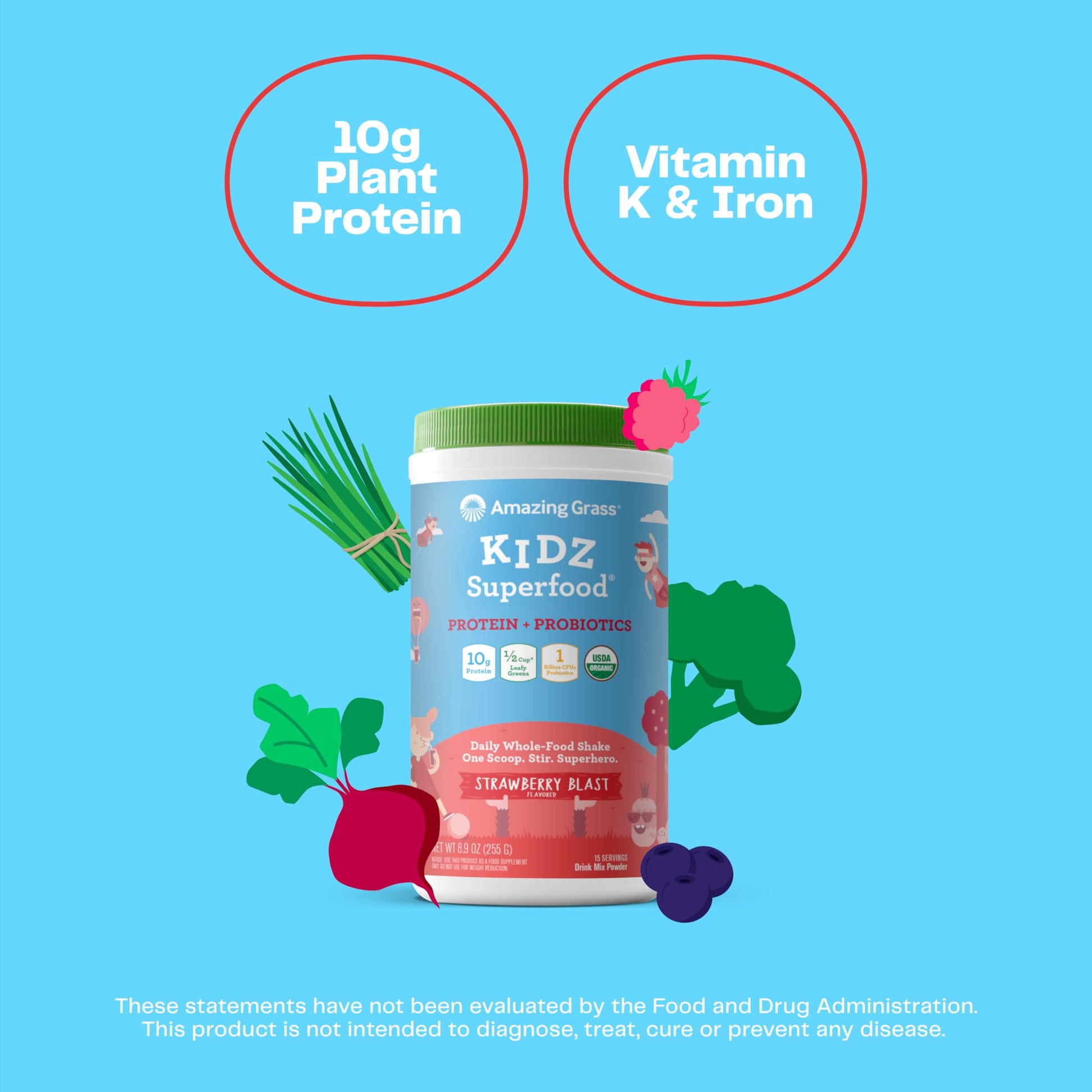 Amazing Grass Kidz Superfood: Vegan Protein & Probiotics for Kids with Beet Root Powder & 1/2 Cup of Leafy Greens, Strawberry Blast, 15 Servings Amazing Grass uk supplements