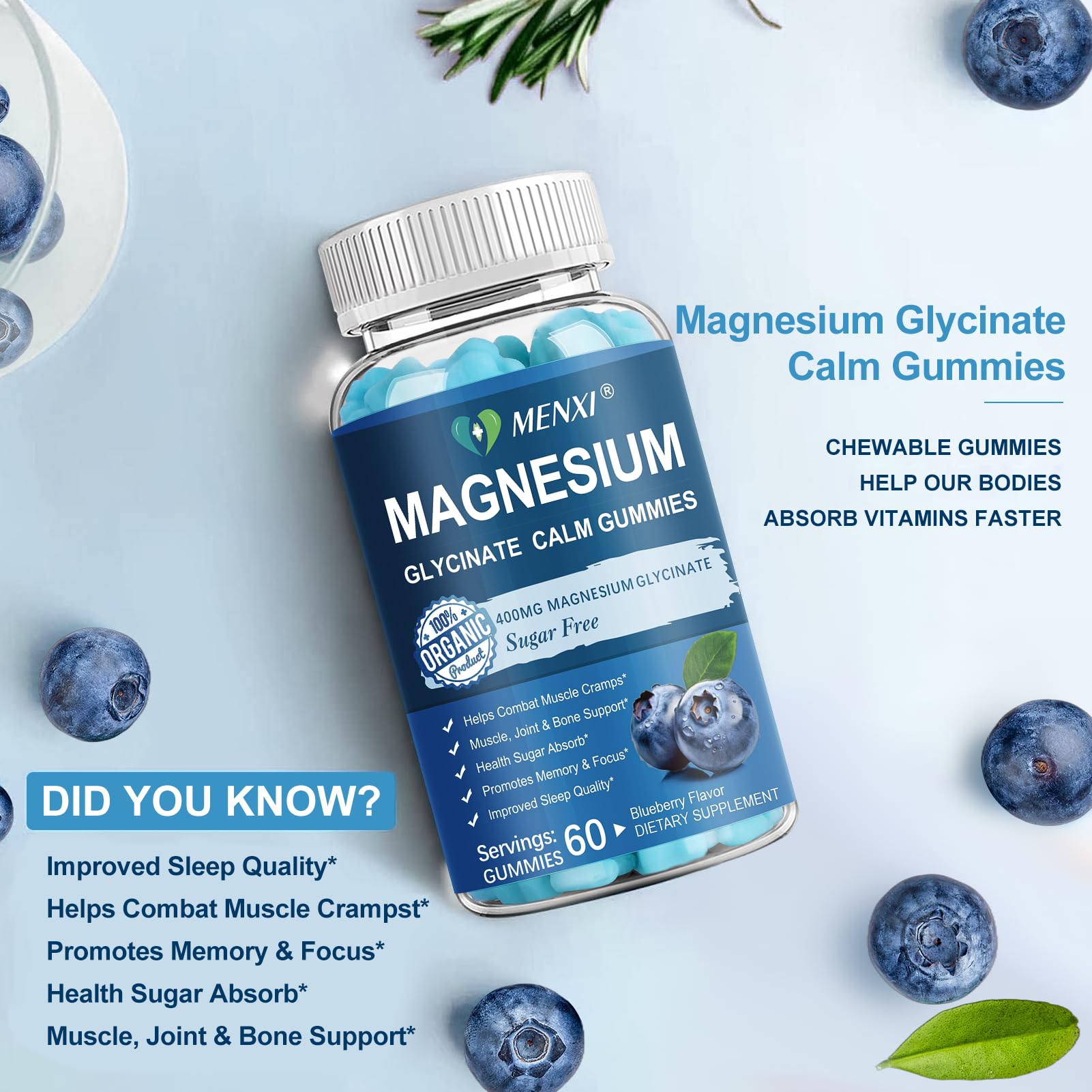 Magnesium Gummies 600mg per Serving-Magnesium Glycinate 400mg and Magnesium Malate 200mg,Sugar Free Magnesium Potassium Supplement for Calm Mood, Muscle, Bone & Sleep Support,60 Blueberry Gummies MENXI uk supplements