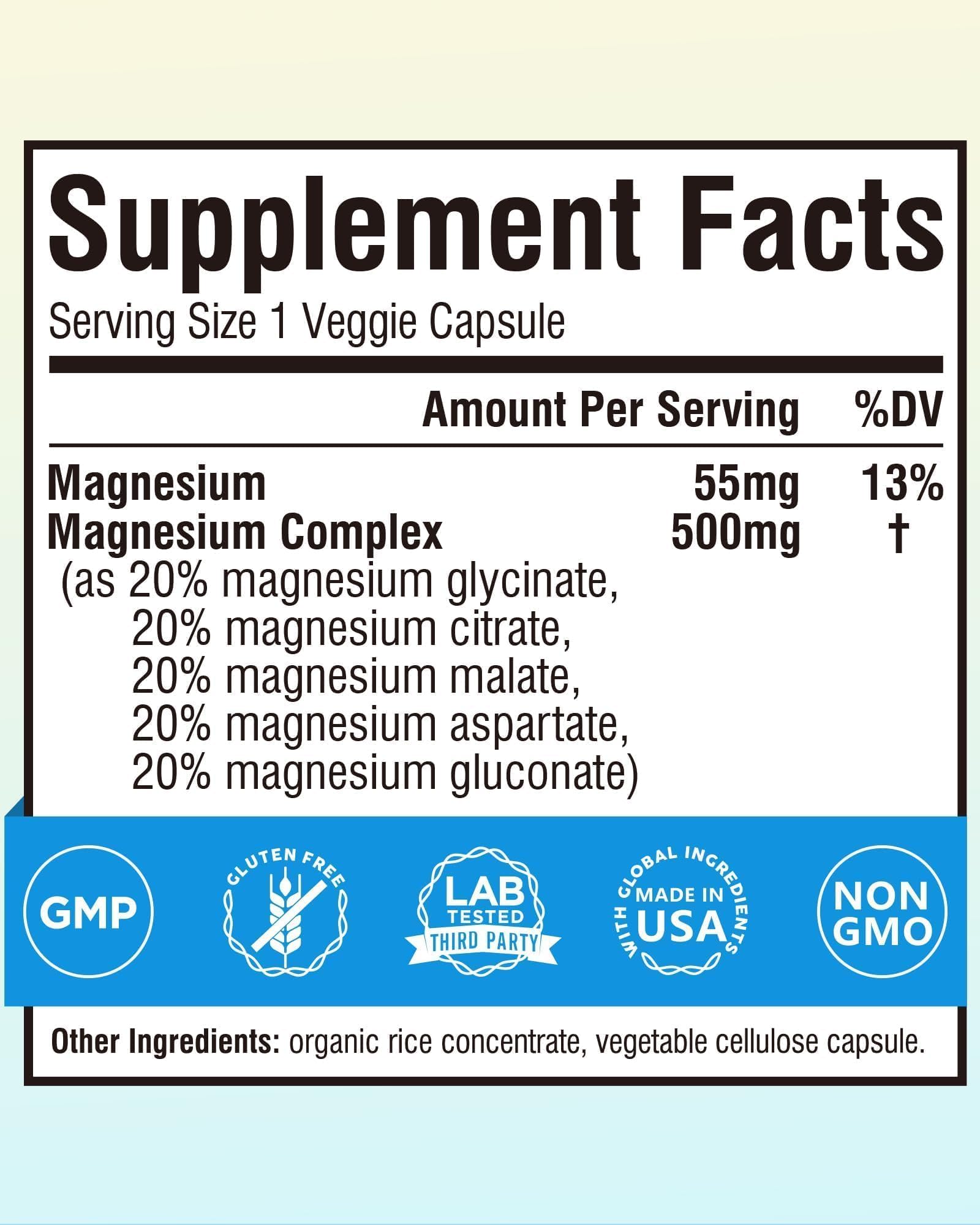 Terranics 5-in-1 Magnesium Complex Supplement 500mg - 5 Forms High Absorption Magnesium Glycinate Citrate Malate Aspartate Gluconate for Sleep Heart Health - Non-GMO 120 Vegan Capsules Terranics uk supplements