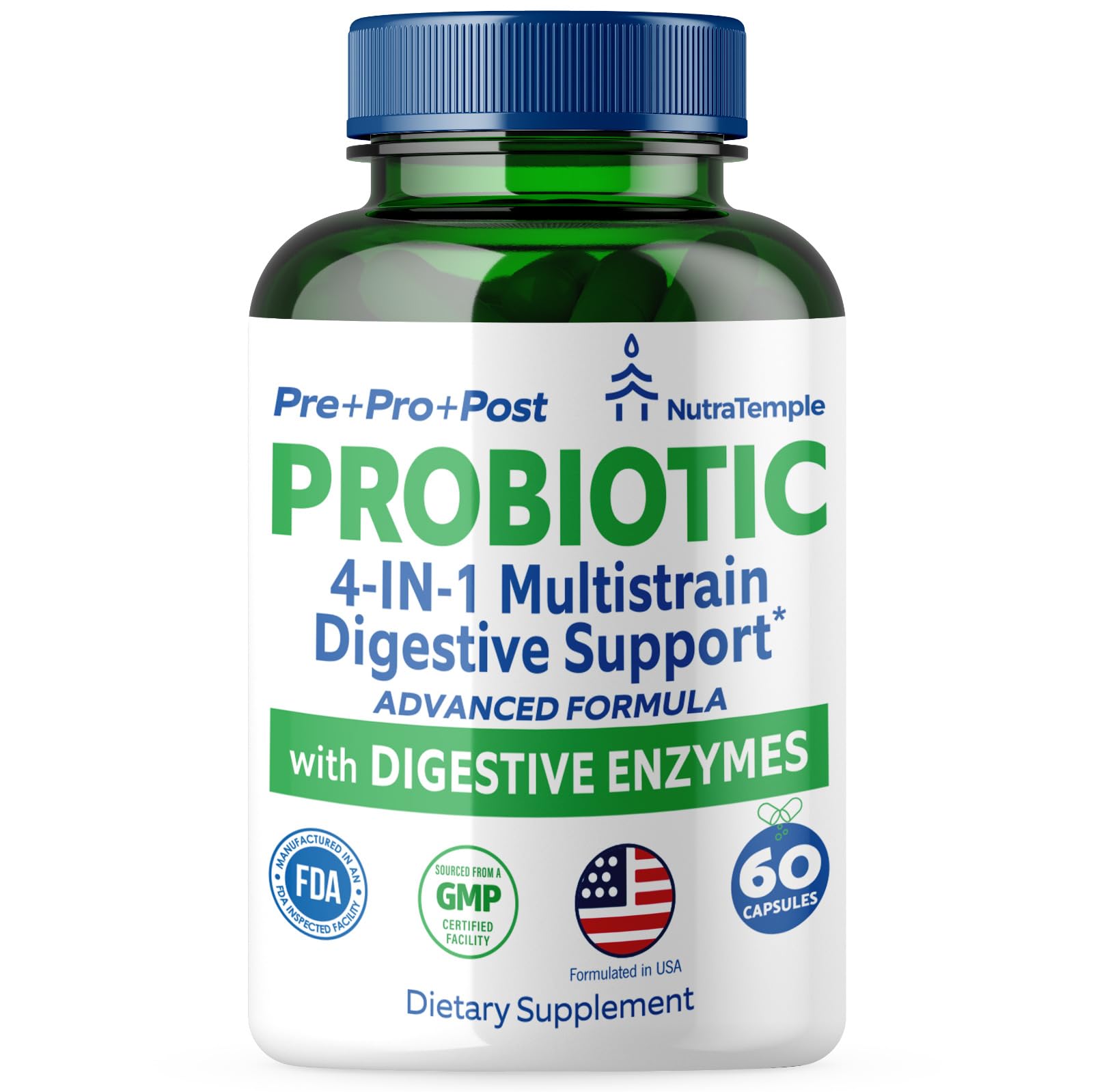 NUTRATEMPLE 4 in 1 Pre Post Probiotics & Digestive Enzymes for Women & Men - Digestive Health, Gut & Immune Support for Occasional Constipation, Diarrhea, Gas & Bloating – 60 Veggie Capsules NUTRATEMPLE uk supplements