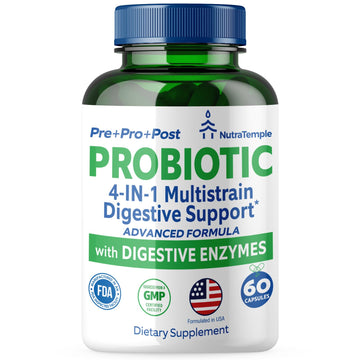 NUTRATEMPLE 4 in 1 Pre Post Probiotics & Digestive Enzymes for Women & Men - Digestive Health, Gut & Immune Support for Occasional Constipation, Diarrhea, Gas & Bloating – 60 Veggie Capsules NUTRATEMPLE uk supplements