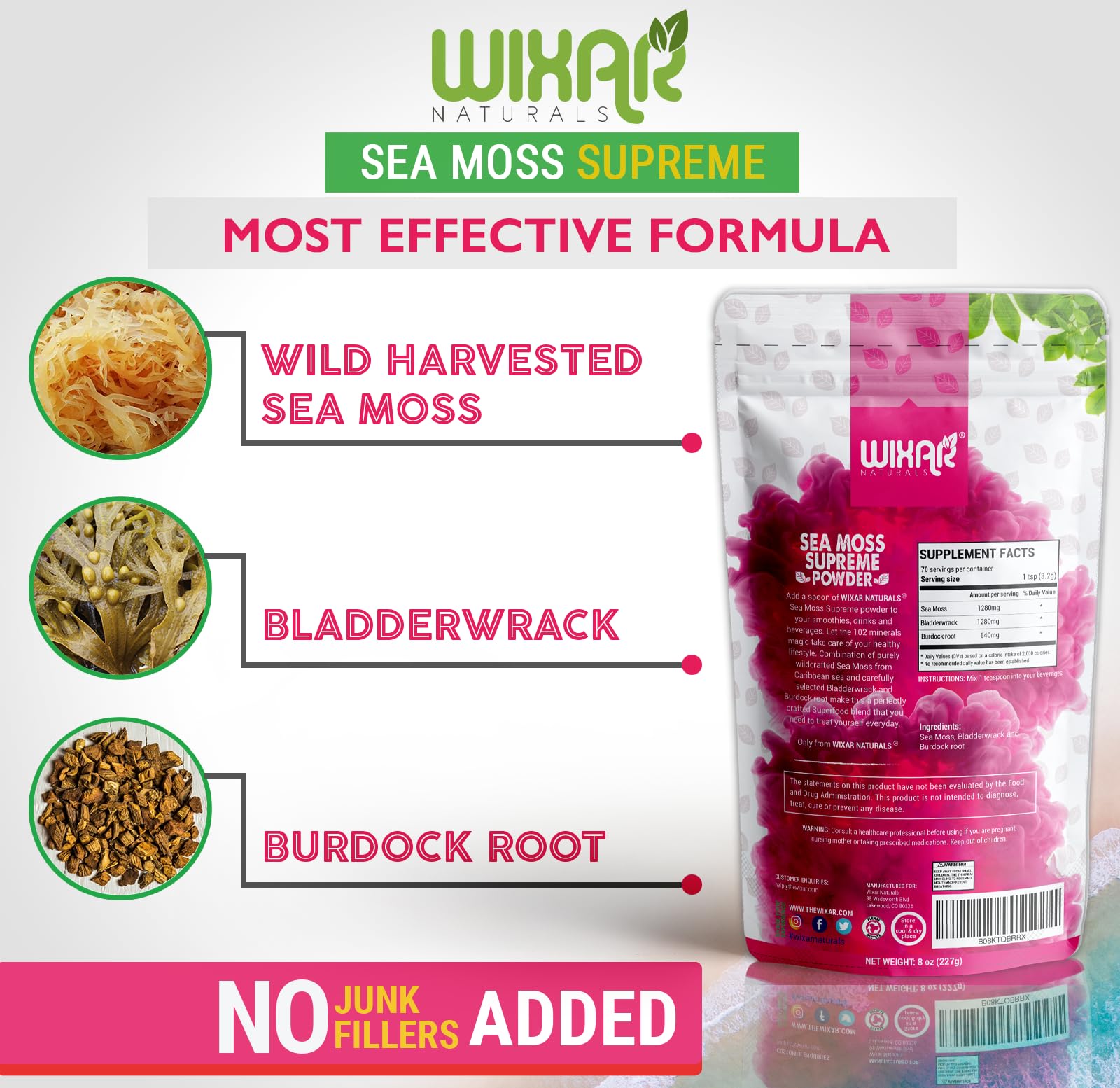 Wixar Wildcrafted Sea Moss Powder – (8 Ounces) – Natural Irish Sea Moss and Bladderwrack with Burdock Powder - Thyroid Support, Healthy Skin, Keto Detox, Joint Support Alkaline Supplements WIXAR NATURALS uk supplements