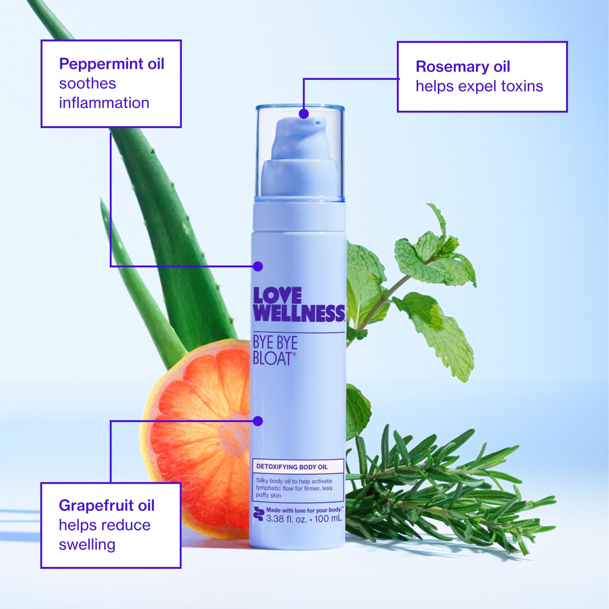 Love Wellness Bye Bye Bloat Detoxifying Body Oil | Lymphatic Drainage Oil to Hydrate, Depuff & Awaken Skin | Reduce Swelling Massage Oil for Women with Peppermint, Grapefruit & Rosemary Oil |100 mL Love Wellness uk supplements