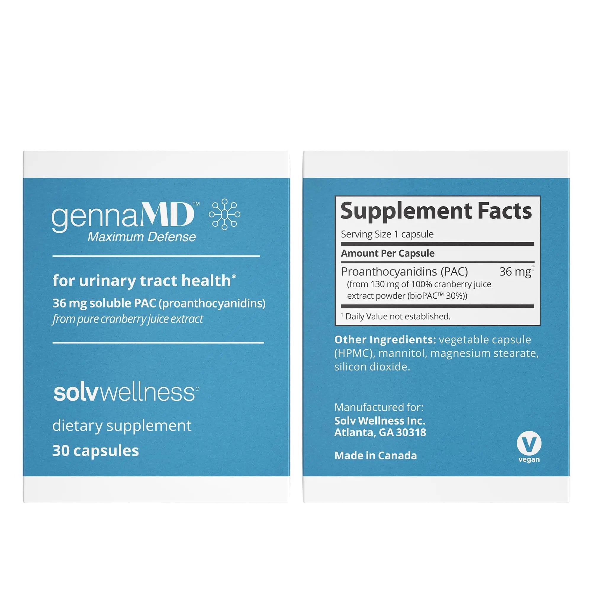 Solv Wellness GennaMD - Maximum UTI Defense - 36 mg Soluble PAC from 100% Cranberry Juice Extract - Highest PAC Concentration in a Small, Easy-to-Swallow Capsule - 30 Capsules Solv Wellness uk supplements