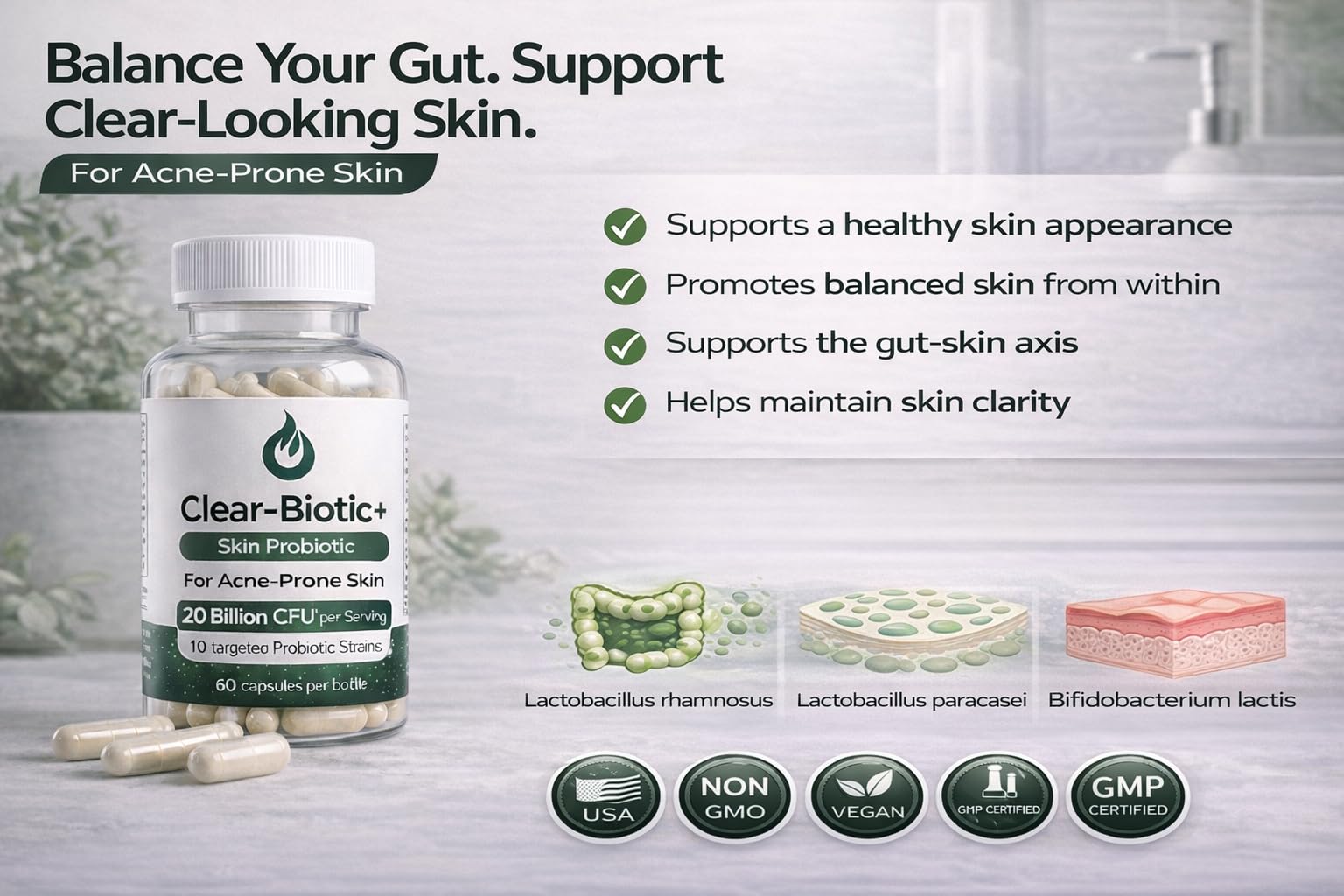 Acne Pills Probiotic Acne Supplements for Teens & Adults - Hormonal Acne Vitamins, Gut Health for Clear Skin, Non-GMO (60 Capsules) Gut Skin Axis Clear-Biotic uk supplements