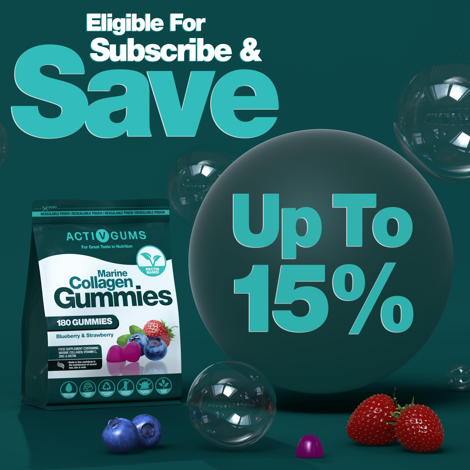 Marine Collagen Complex 180 Gummies. Strawberry & Blueberry Flavour. Resealable & Recyclable Pouch. Contains Marine Collagen, Vitamin C Activ Gums uk supplements
