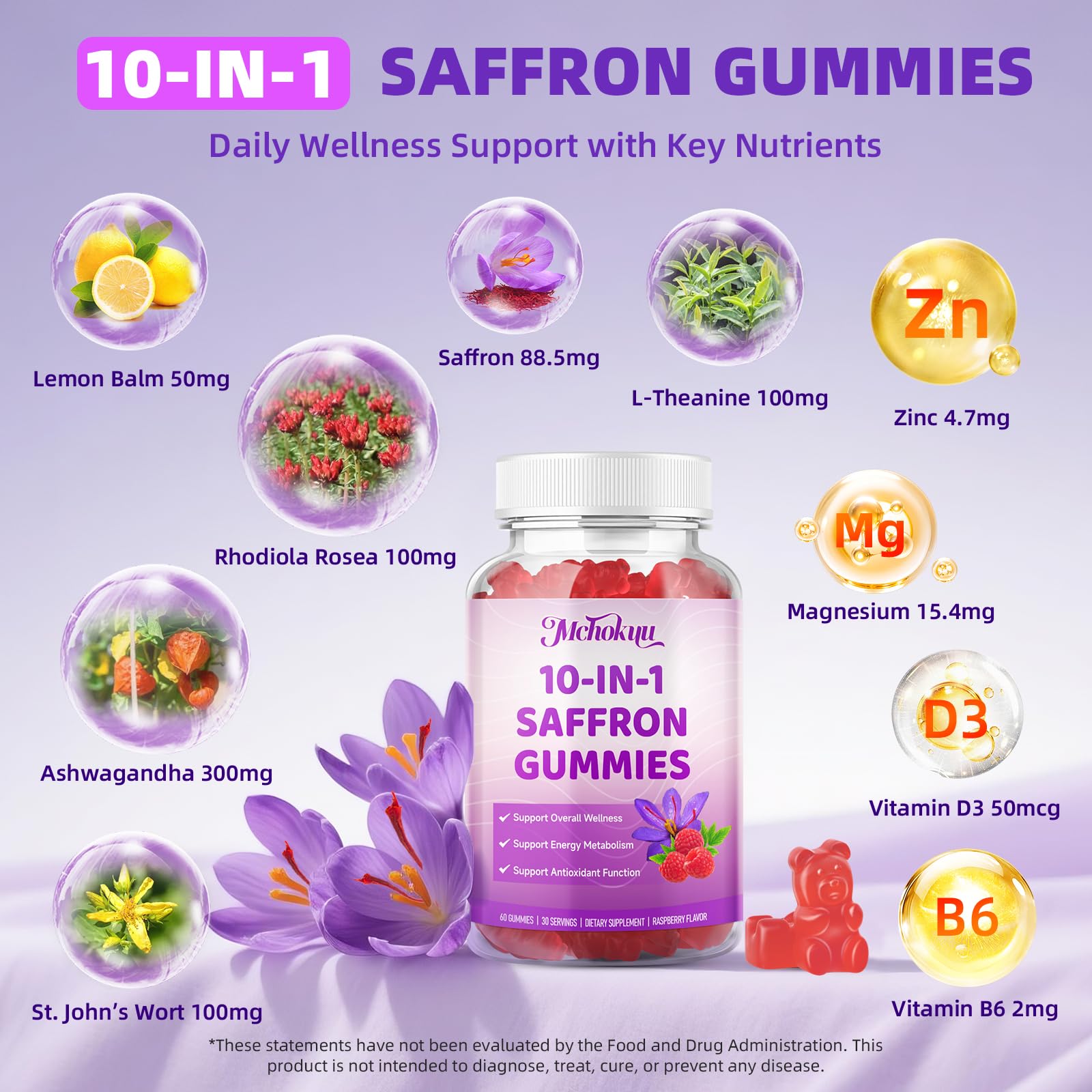 Saffron Supplement Gummies for Kids & Adults Supports Antioxidant Function with Ashwagandha, L-Theanine, Rhodiola Rosea, Lemon Balm, Vitamin D3, B6, Magnesium & Zinc – Raspberry Flavor, 60 Count Mchokuu uk supplements