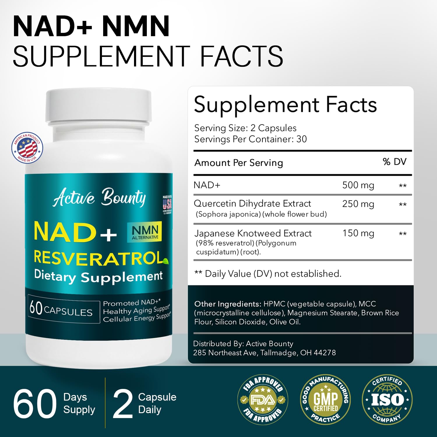 NAD+ Resveratrol Supplement with Quercetin – NMN Alternative for Cellular Energy Support, Focus & Healthy Aging – High Potency 500mg NAD+ Formula, Vegan, Non-GMO, Gluten-Free, Made in USA, 60 Capsules Active Bounty uk supplements