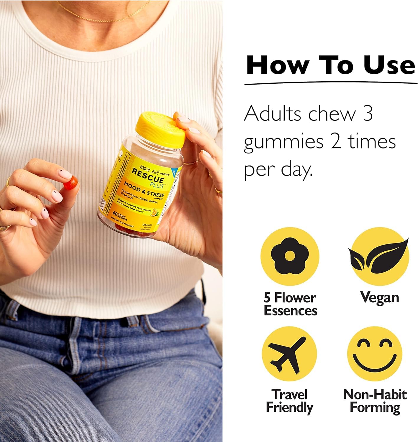 RESCUE Bach Plus Mood & Stress Support Gummies, Daytime Dietary Supplement with Passionflower, GABA, Saffron & Vitamin D, Natural Orange Flavor, Vegan & Gluten-Free, 3 Pack, 180 Count Total RESCUE uk supplements