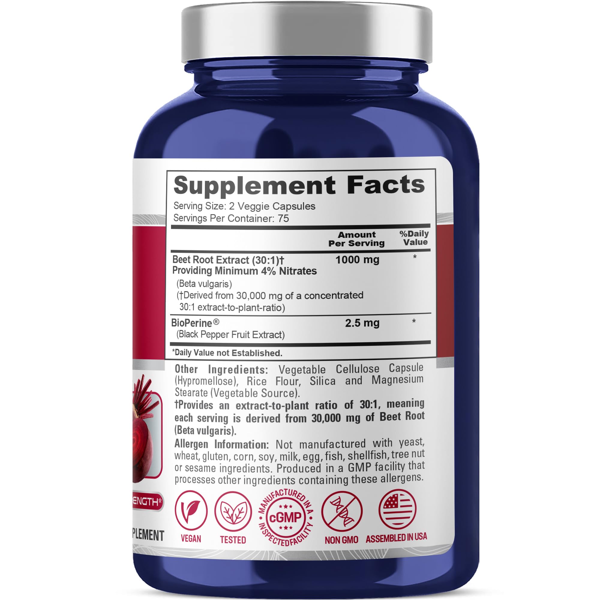 NusaPure Beet Root 30:1 Extract, 1000 mg Equivalent to 30,000 mg 150 Veggie caps (Vegan, Non-GMO & Vegan 4% Nitrates) Bioperine NusaPure uk supplements