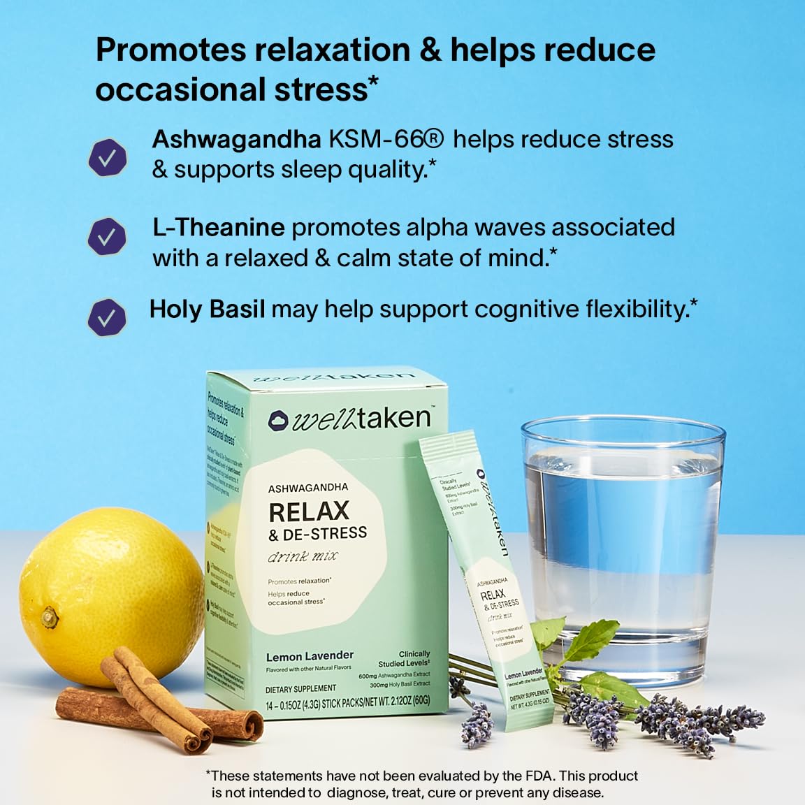WellTaken Ashwagandha Relax & De-Stress Powder - Lemon Lavender 14ct Box - 600mg Ashwagandha, 200mg L-Theanine, Holy Basil – Supports Stress, Relaxation – Vegan, No Added Sugar - 14 Servings WellTaken uk supplements