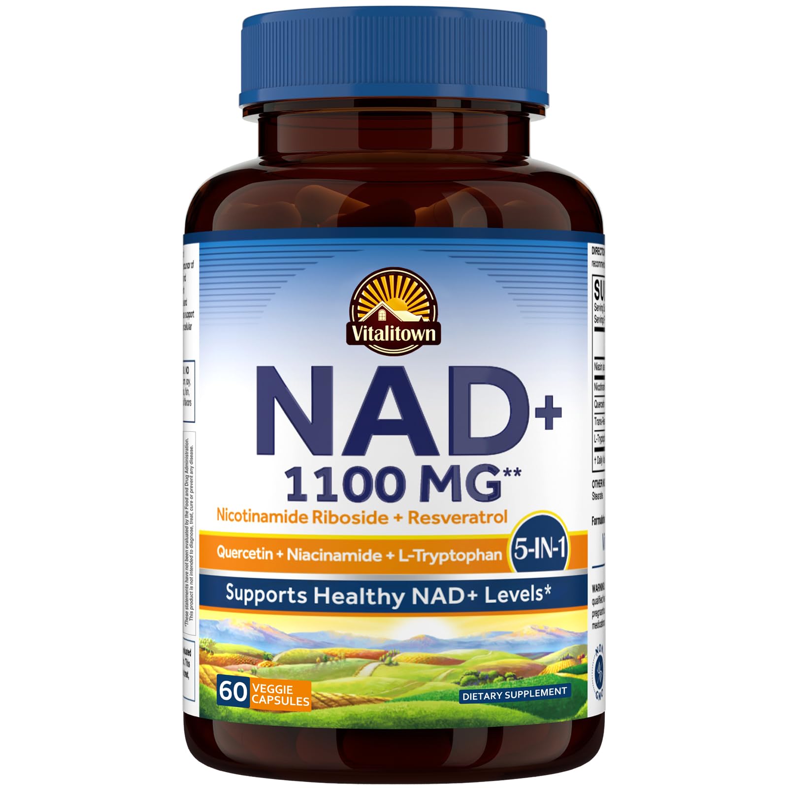 Vitalitown 5 in 1 NAD+, NMN Supplement Alternatives, Nicotinamide Riboside (NR), Trans-Resveratrol, Quercetin, Niacinamide, L-Tryptophan, for Cellular Energy, Heart, Skin, 60 Veggie Capsules Vitalitown uk supplements