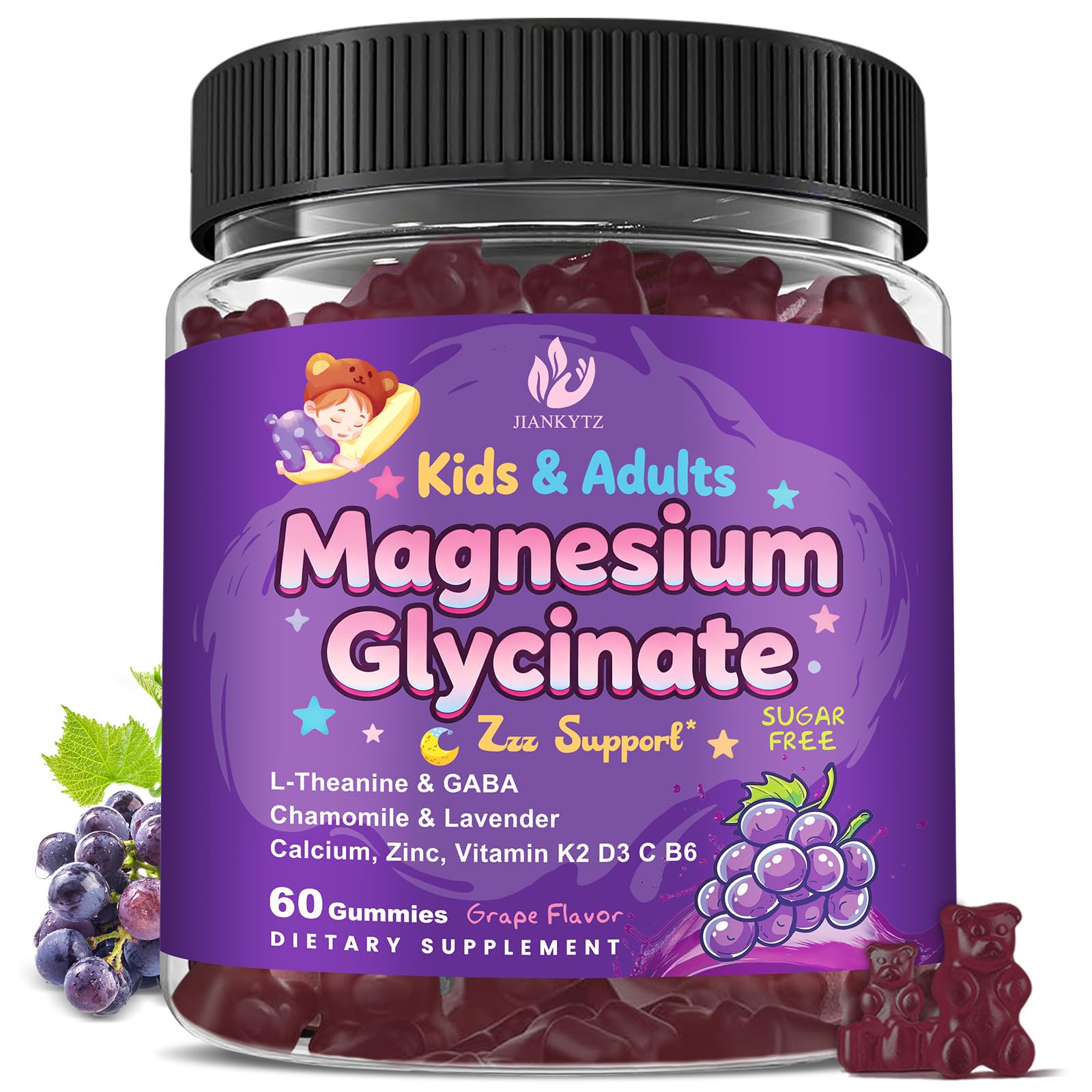 Sugar Free Magnesium Glycinate Gummies for Kids & Adults - Zzz Support, Relaxation & Cognition Support, 200/400mg Magnesium Gummies with L-Theanine, GABA, Calcium, B6, D3, C & K2, Grape Flavor, 60 Ct JIANKYTZ uk supplements