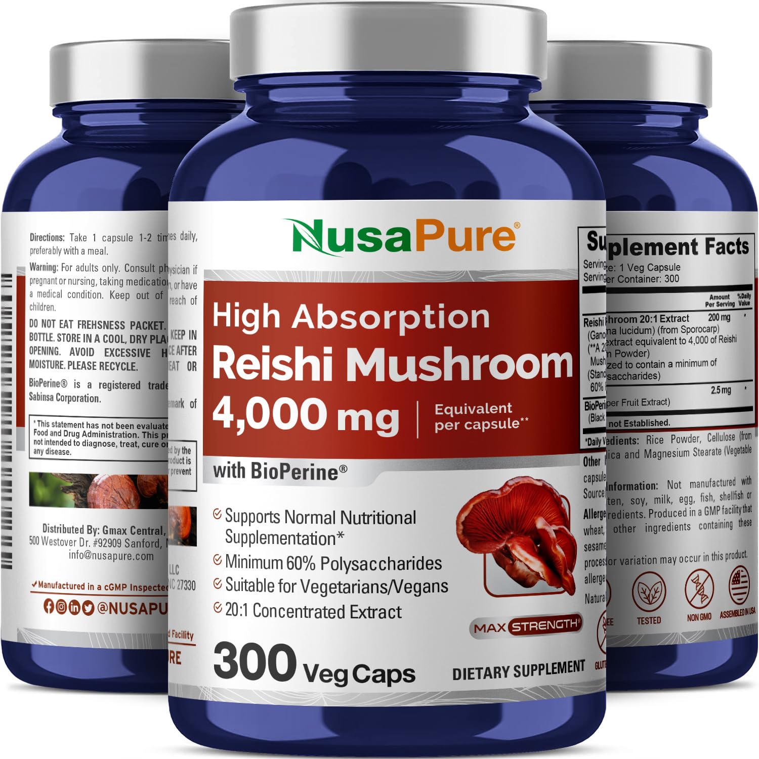 NusaPure Reishi Mushroom Extract 20:1 Extract, 200 mg Equivalent to 4000mg per Capsule 300 Veggie Caps Vegan, Non-GMO, Vegan NusaPure uk supplements