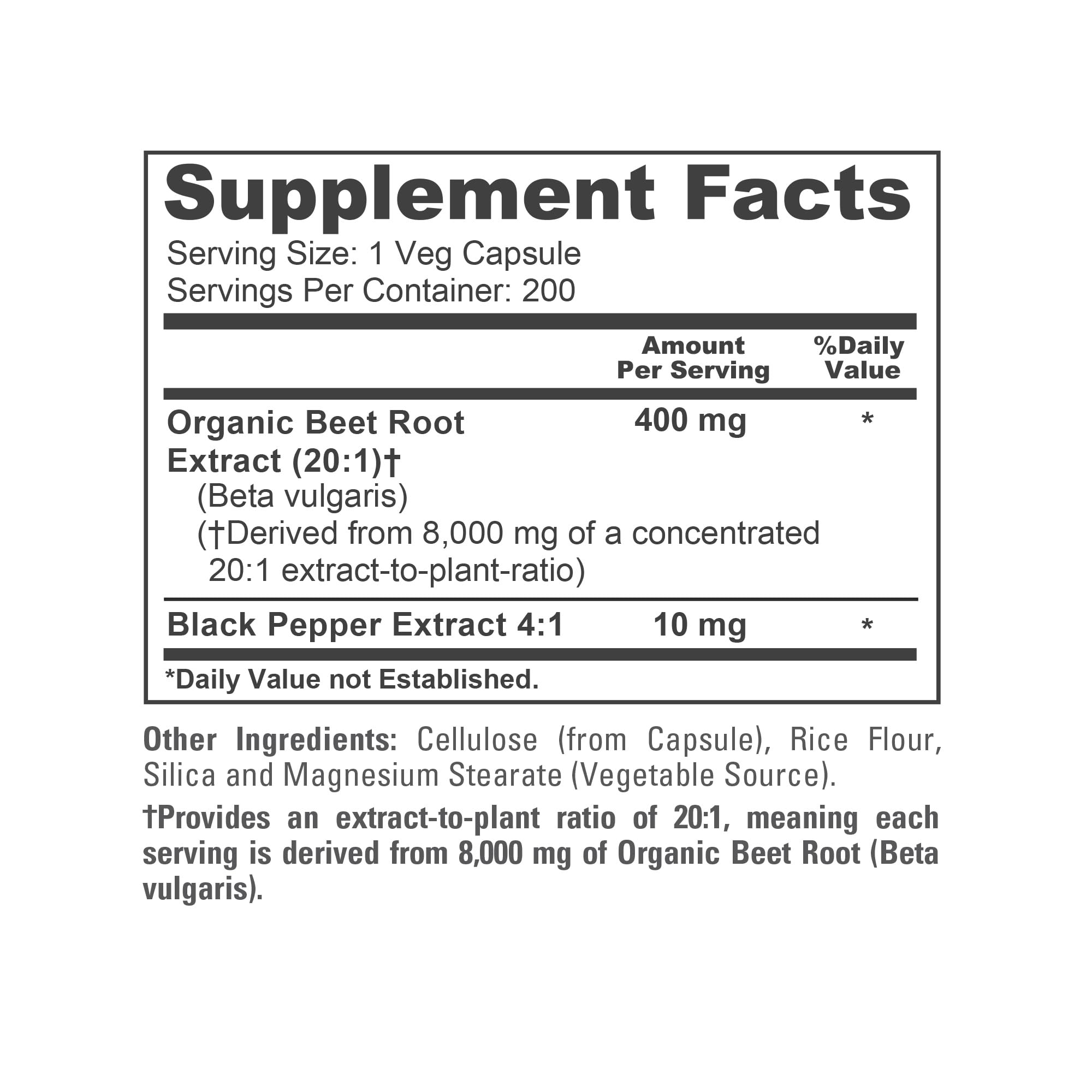 NusaPure Organic Beet Root 20:1 Extract, 400 mg Equivalent to 8,000 mg - Black Pepper 4:1 Extract, 10 mg - 200 Veggie caps (Vegan, Non-GMO) NusaPure uk supplements