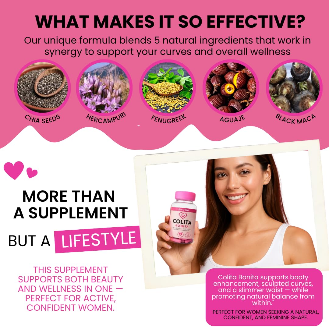 Colita Bonita – Aguaje, Black Maca & Fenugreek Pills – Natural Booty Growth & Hip Shaping Supplement – Supports Curves, Hormonal Balance & Waist Definition – 60 Capsules (30-Day Supply) Curvy Fruit uk supplements