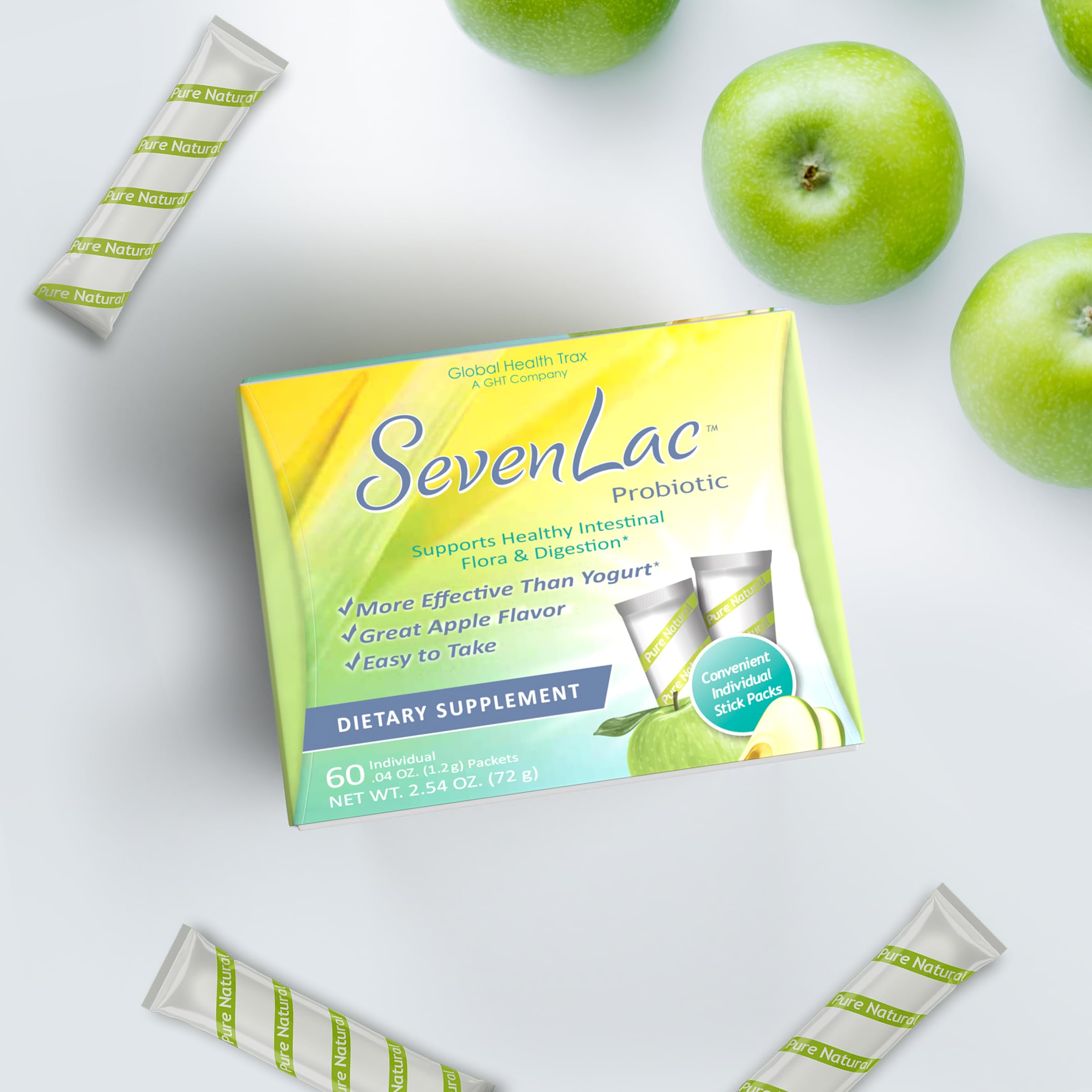 Global Health Trax SevenLac Apple Probiotic Powder Drink Mix, Probiotics for Women, Men, and Kids – Smooth Digestive Support - Relieves Constipation and Gas – 60 Packets, 2.54 Oz, Non-GMO, Gluten-Free ght Global Health Trax uk supplements
