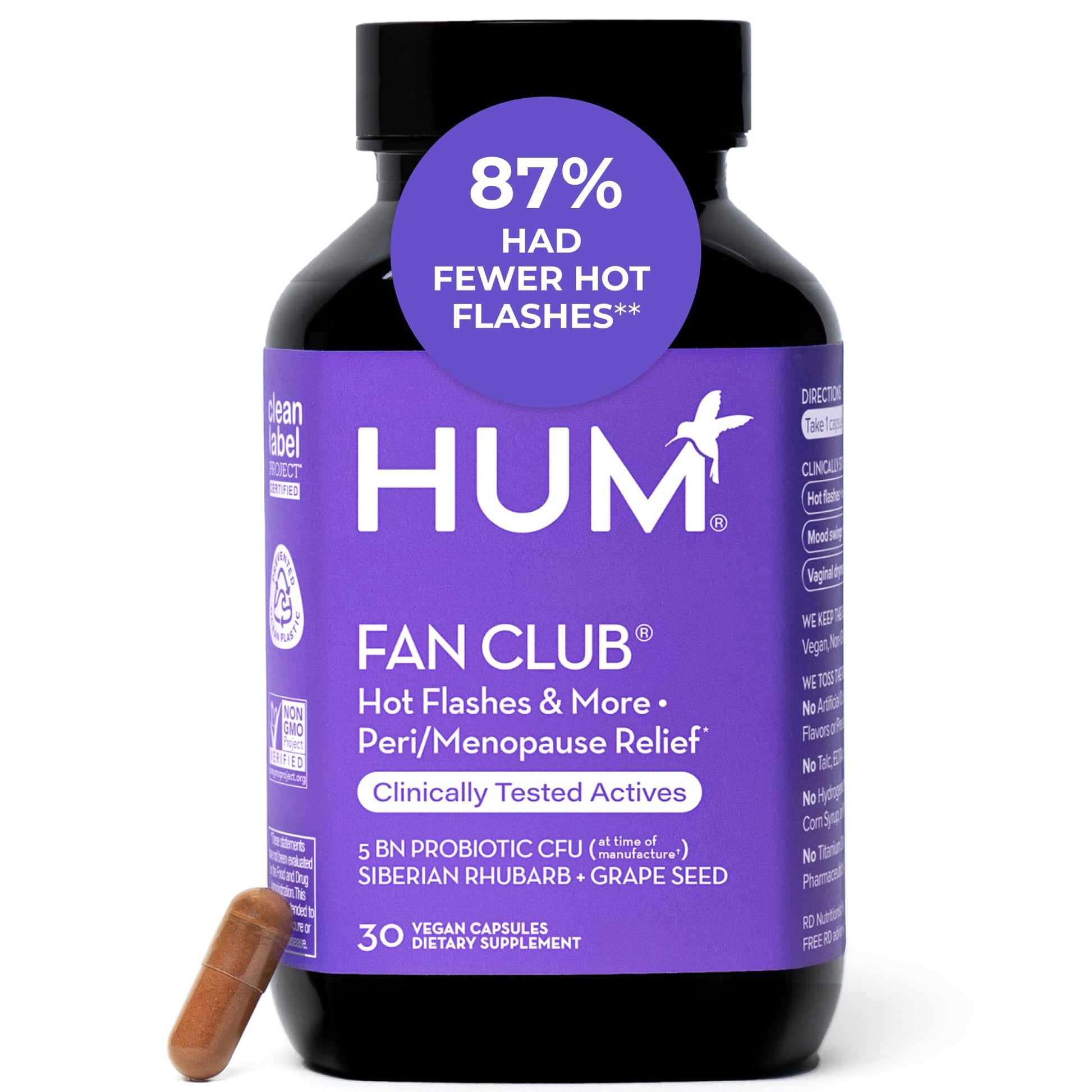 HUM Fan Club Menopause Probiotic Supplement, Estrogen Free Menopause Supplements for Women, Non Hormonal, Supports Energy & Hot Flashes, Grape Seed Extract & Siberian Rhubarb, 30 Vegan Capsules HUM uk supplements